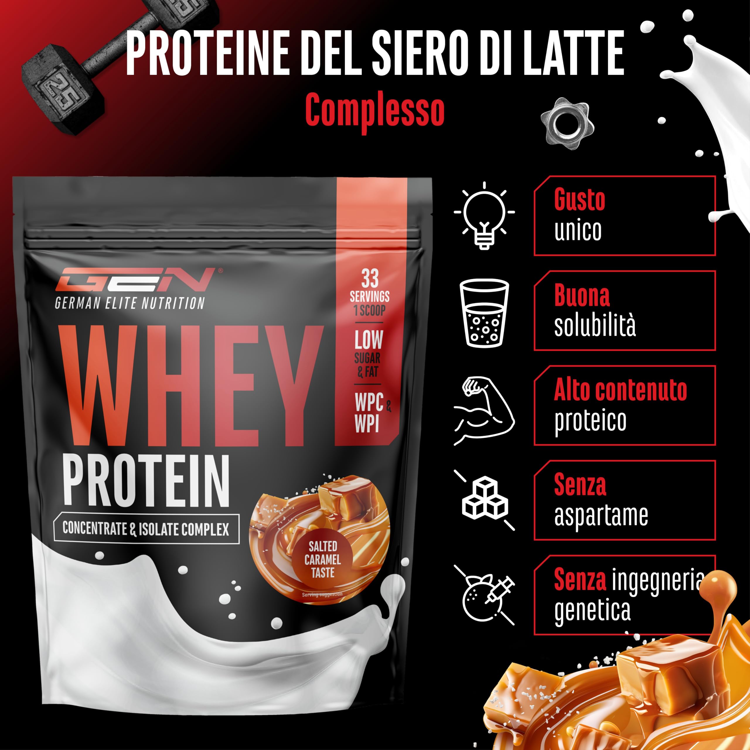 Elite Whey Protein proteine in polvere 1 kg caramello salato con isolato