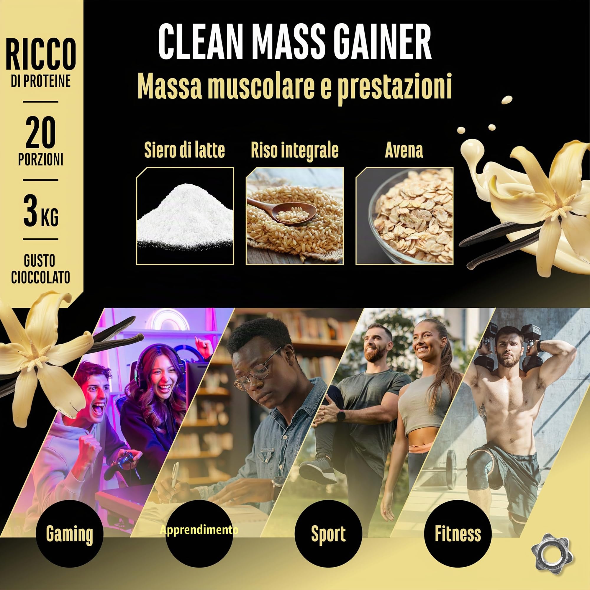 Elite Carbs & Mass Gainers Clean Weight Gainer gainer Vaniglia 3 kg 36 g proteine