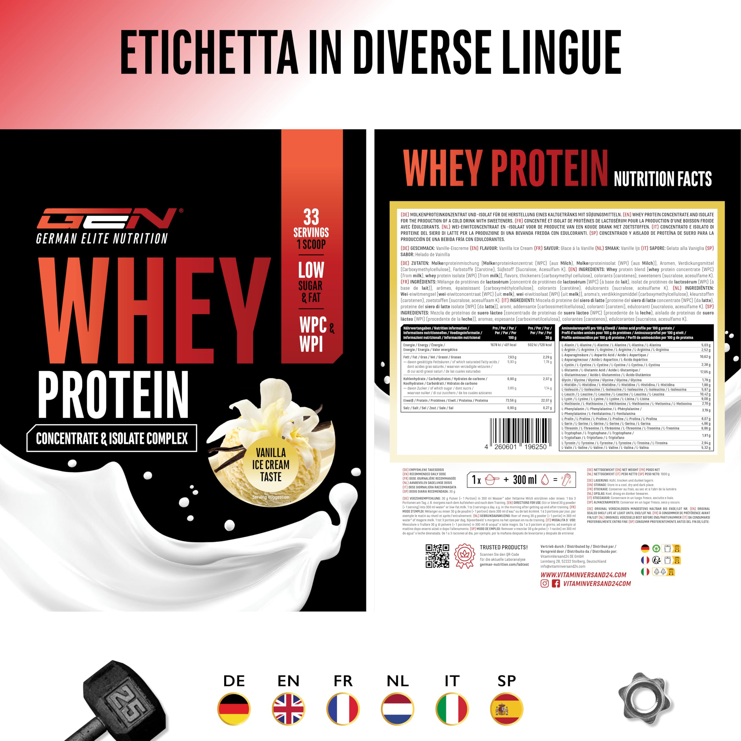 Elite Whey Protein Whey Proteine Complesso proteine in polvere 1000 g gelato alla vaniglia con isolato