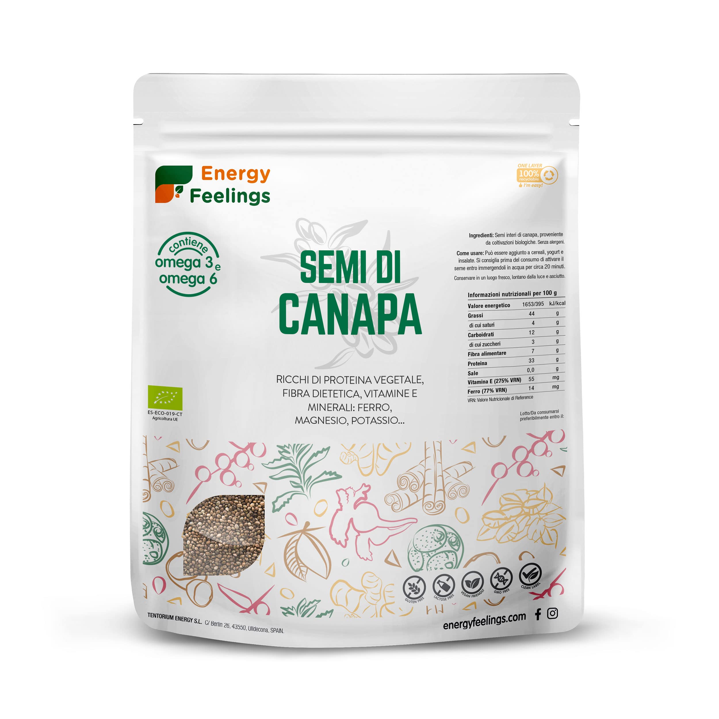Energy Feelings Dietética & Suplementos Semi di Canapa Interi BIO Certificati 1 kg, 30% proteine