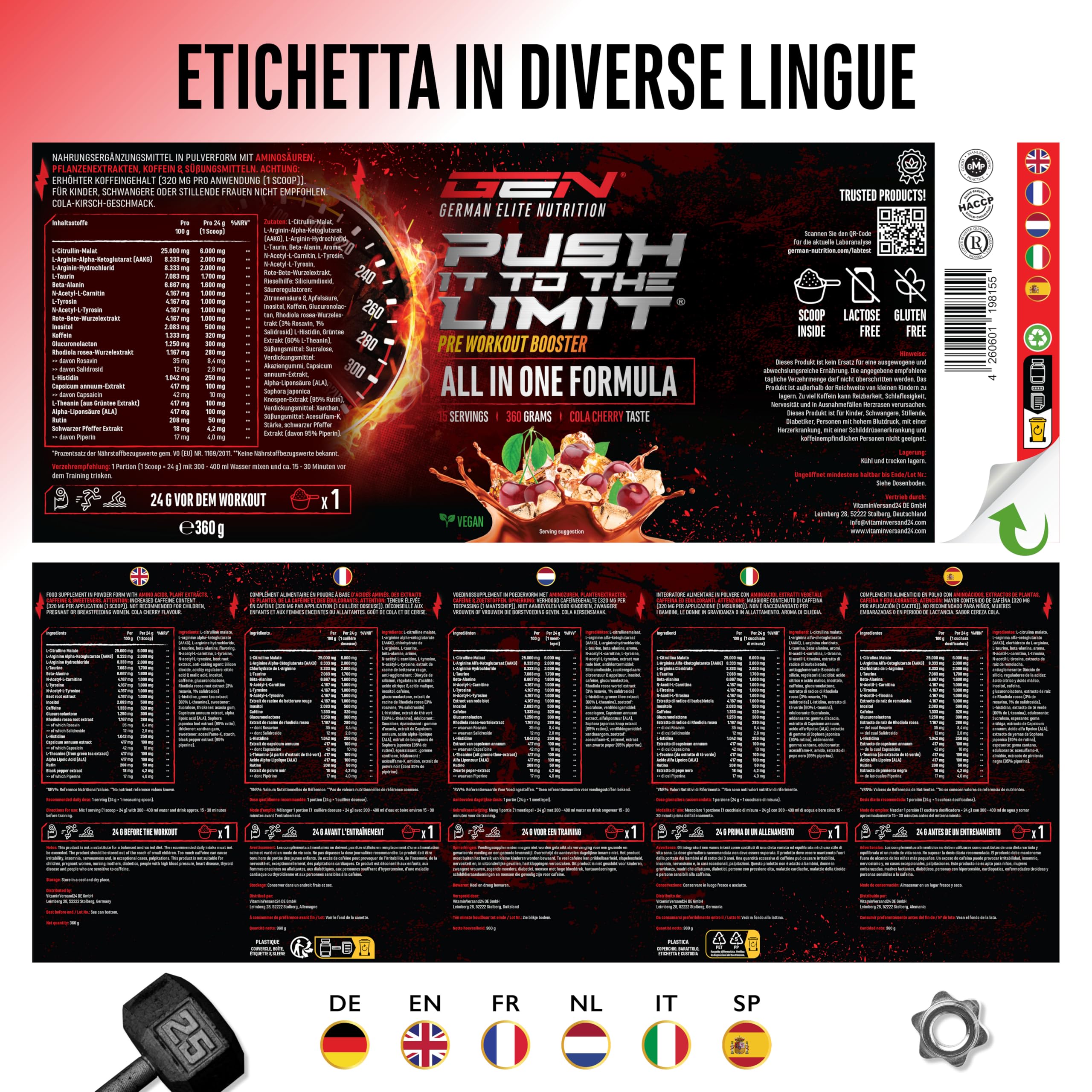 Elite Pre-Workout & Pump Push it to the Limit® pre-workout Cola-Ciliegia 360 g alto dosaggio
