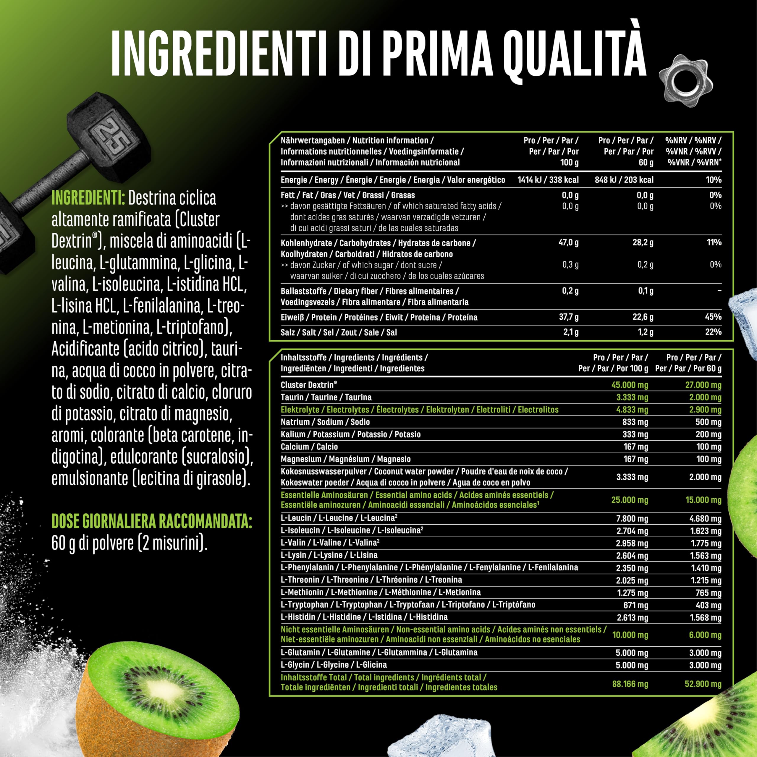 Elite Pre-Workout & Pump Intra Charge Workout Drink 1,2 kg Kiwi Vegano