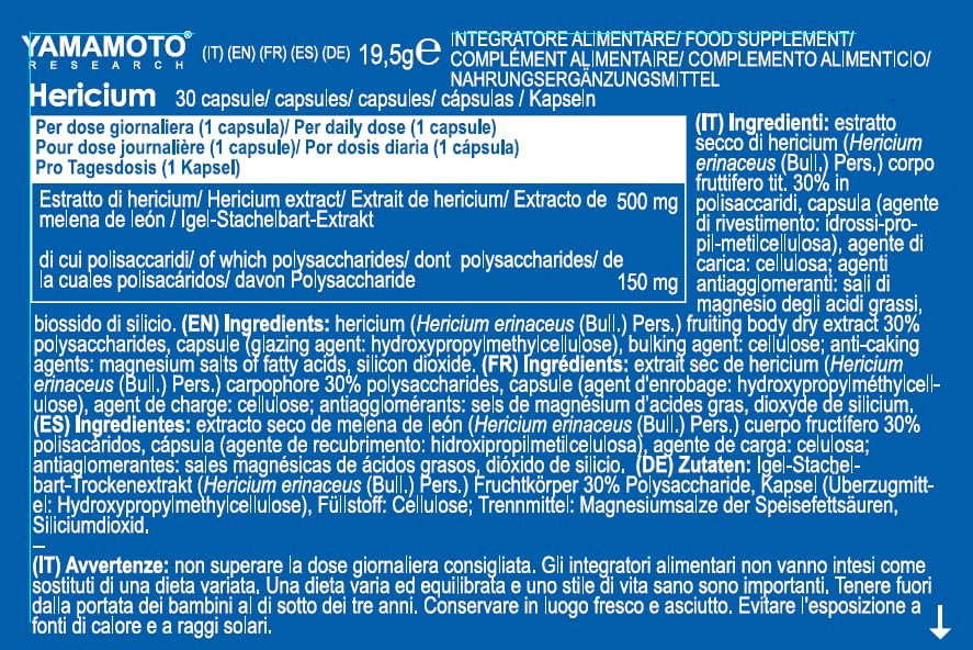 YAMAMOTO Sonno, Benessere Mentale e Memoria Research Hericium integratore 30 capsule, 50 g, 500 mg