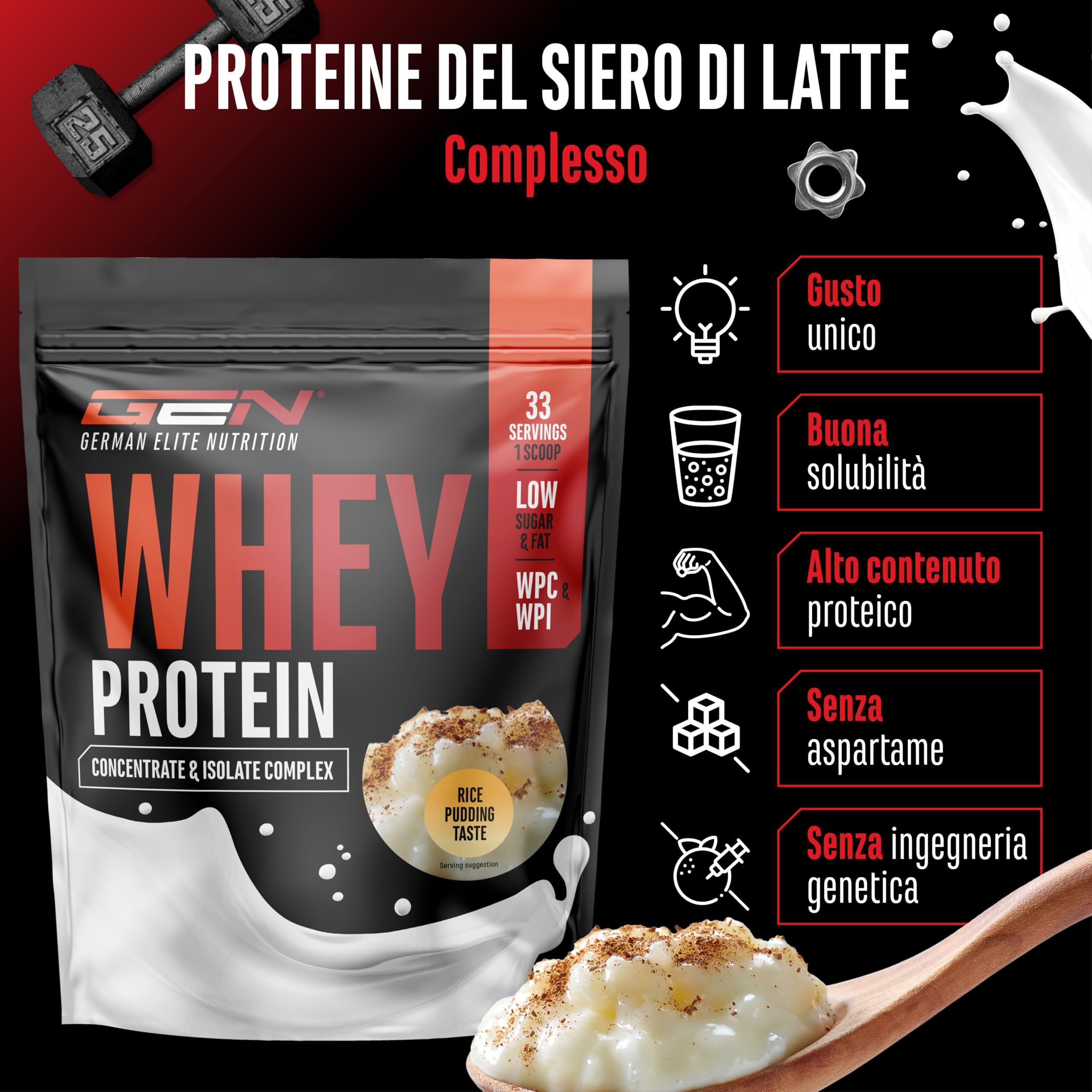 Elite Whey Protein Whey Proteine Complesso 1000 g riso al latte isolato
