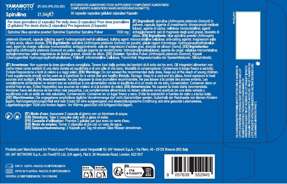 Yamamoto Antiossidanti Spirulina 1000mg integratore 30 capsule antiossidante