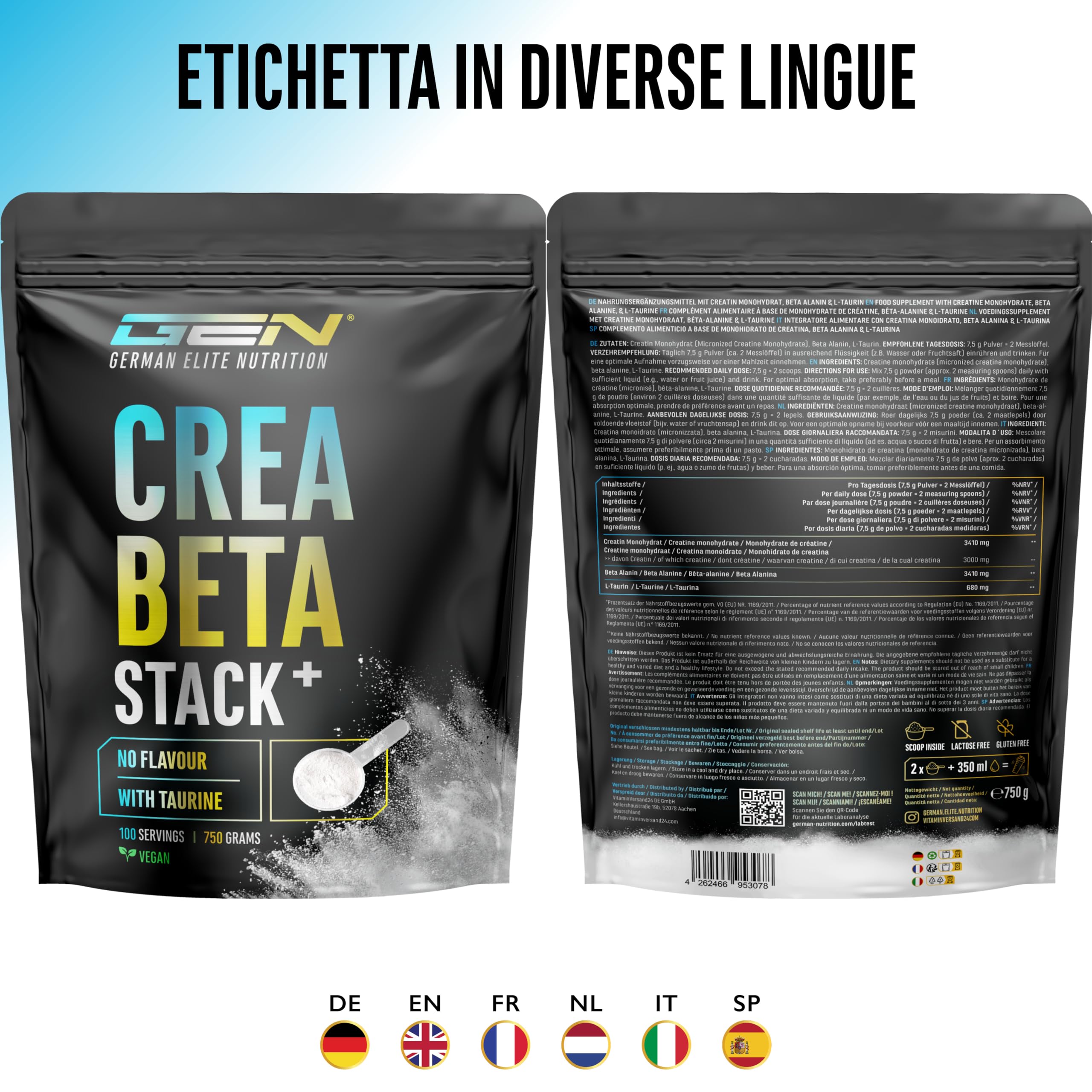 Elite Creatine Creatin Beta Alanin Stack creatina 750 g vegana