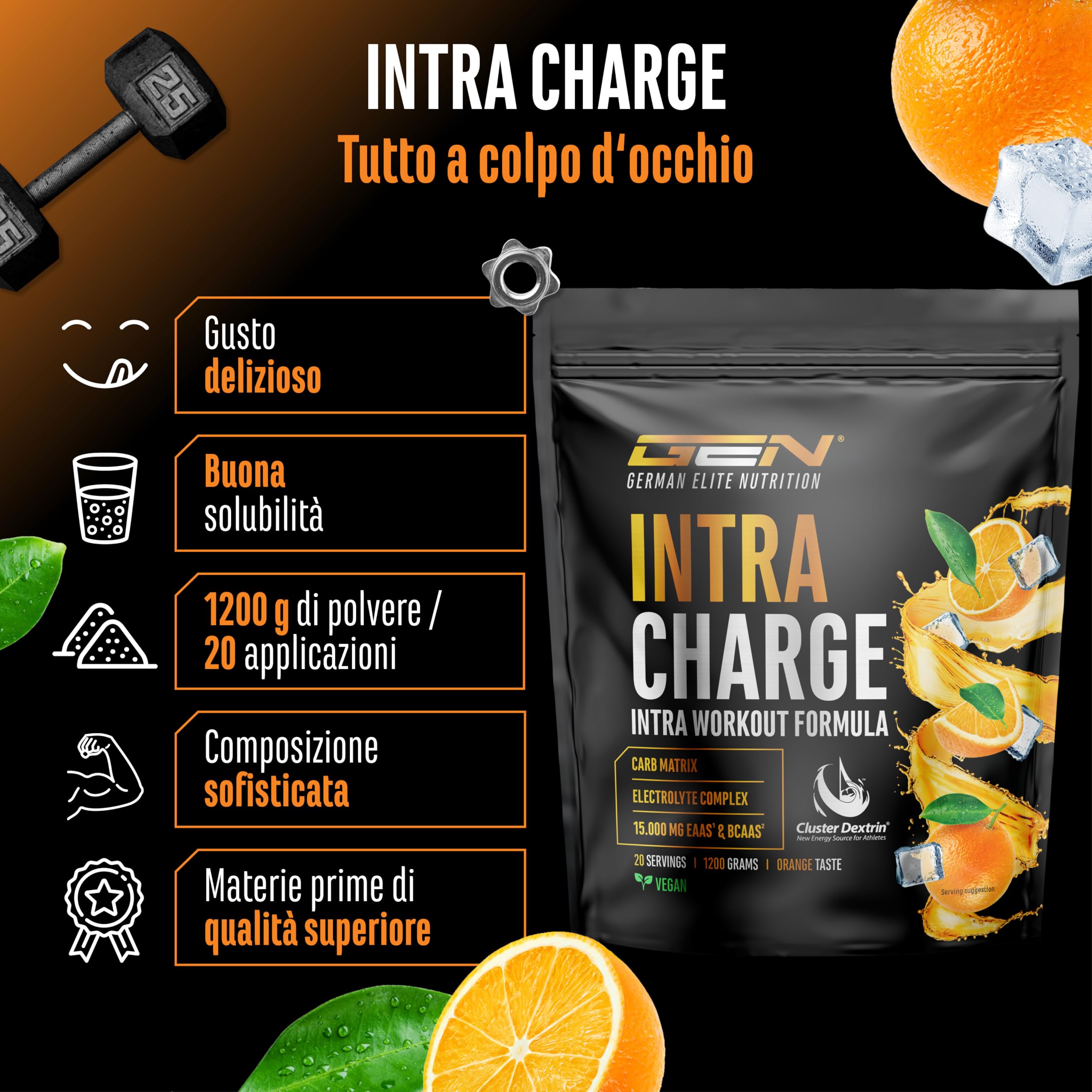 Elite Pre-Workout & Pump Intra Charge Workout Drink bevanda 1,2 kg arancia vegana
