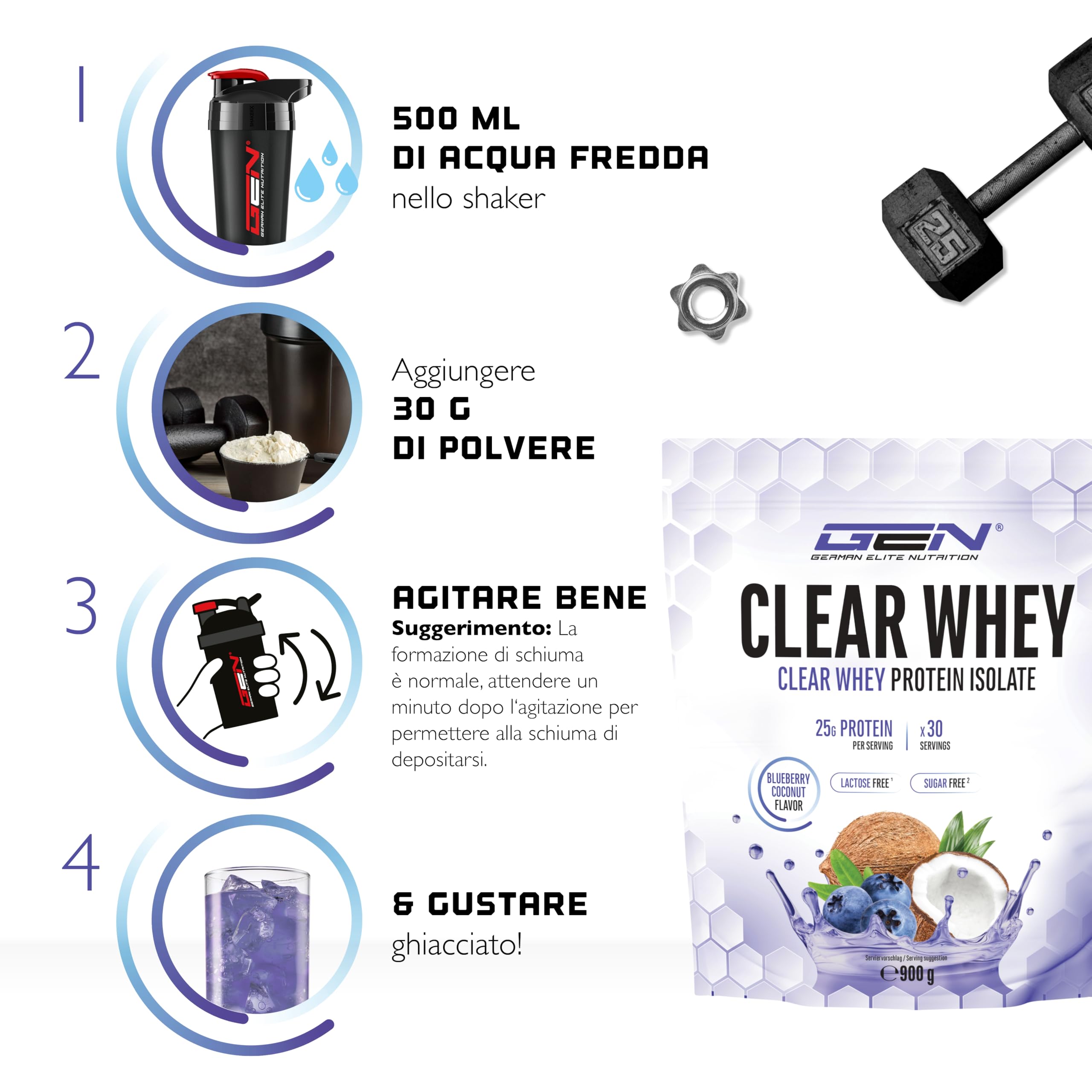 Elite Clear Whey Isolate Protein Shake clear whey 900 g mirtillo e cocco 24 g proteine
