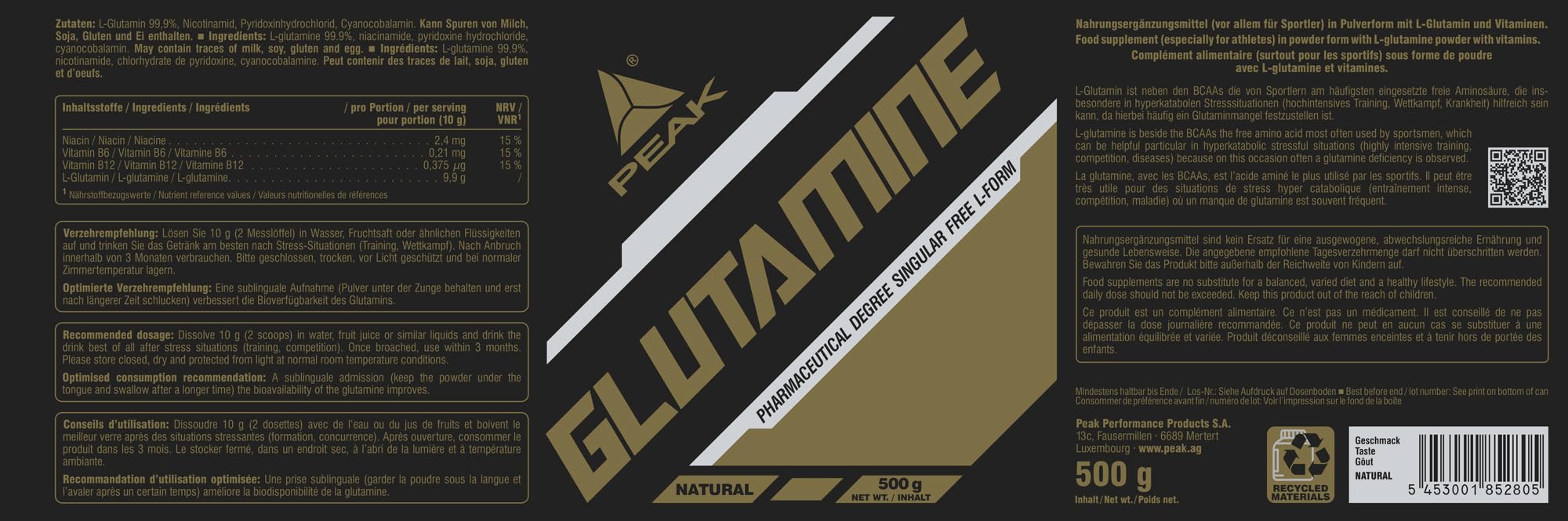 Green Peak Amino acids PEAK Glutammina glutammina in polvere 500 g con vitamine B
