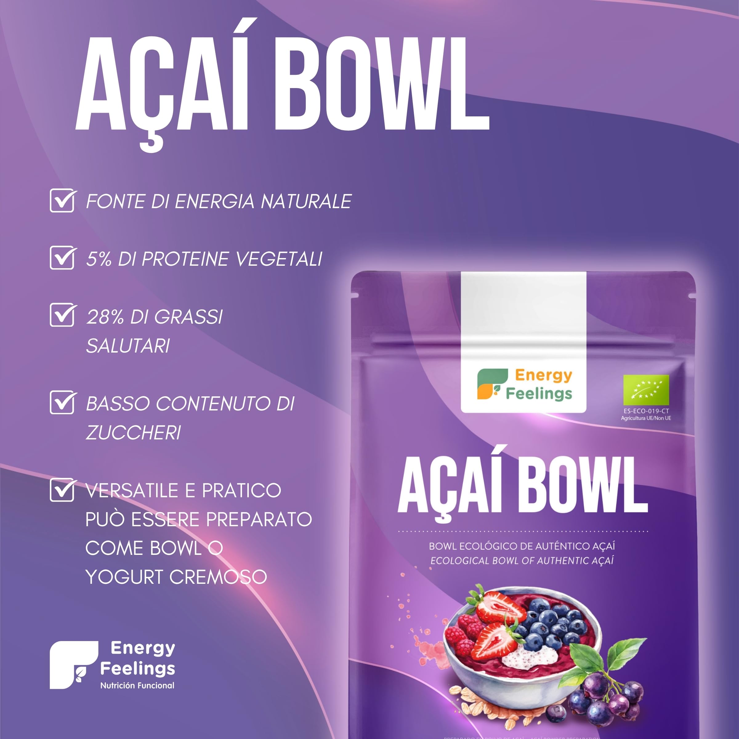 Energy Feelings Preparato per Açaí Bowl Bio 500 g con avena e cocco