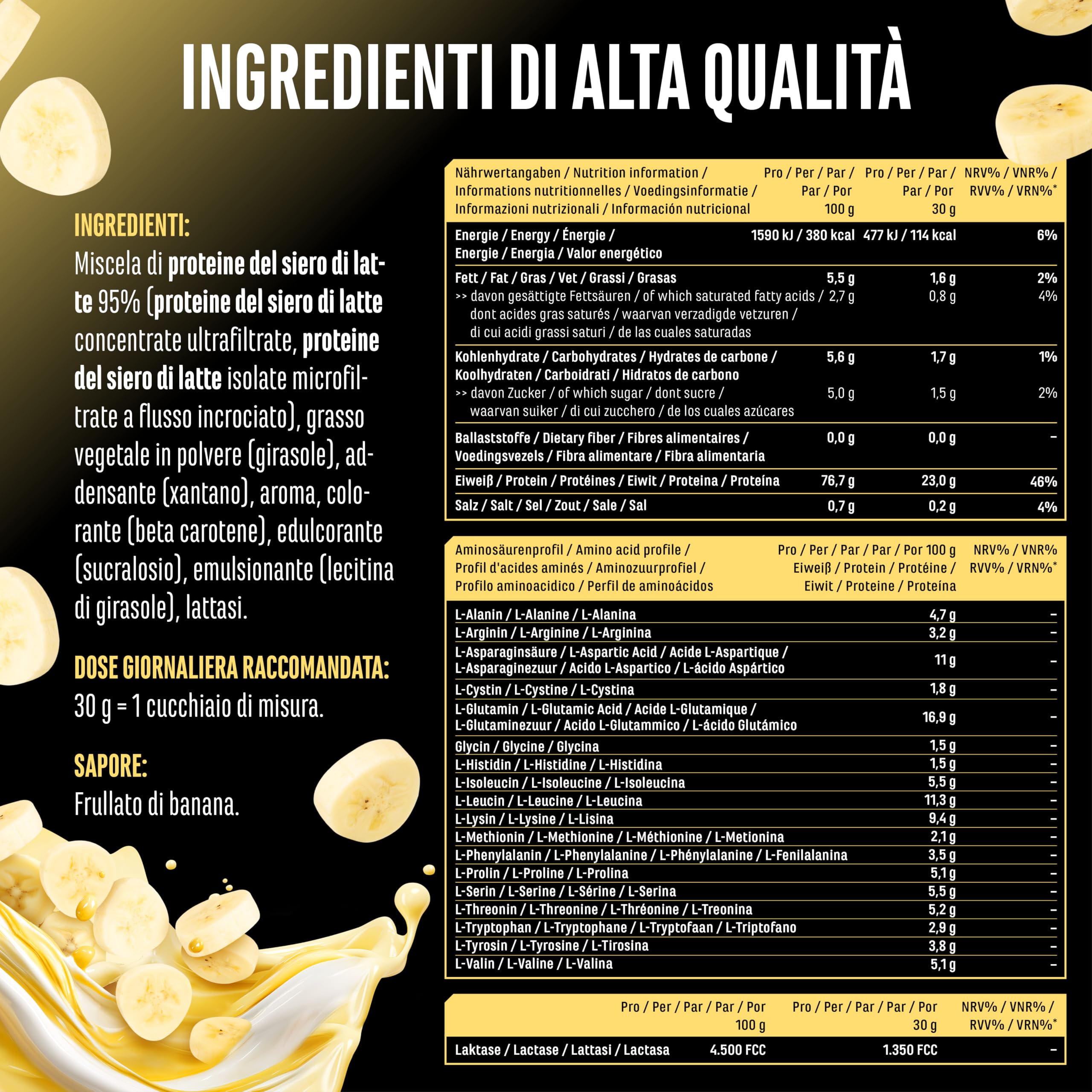Elite Whey Protein in Polvere proteine gusto Frullato alla Banana 1000 g con lattasi