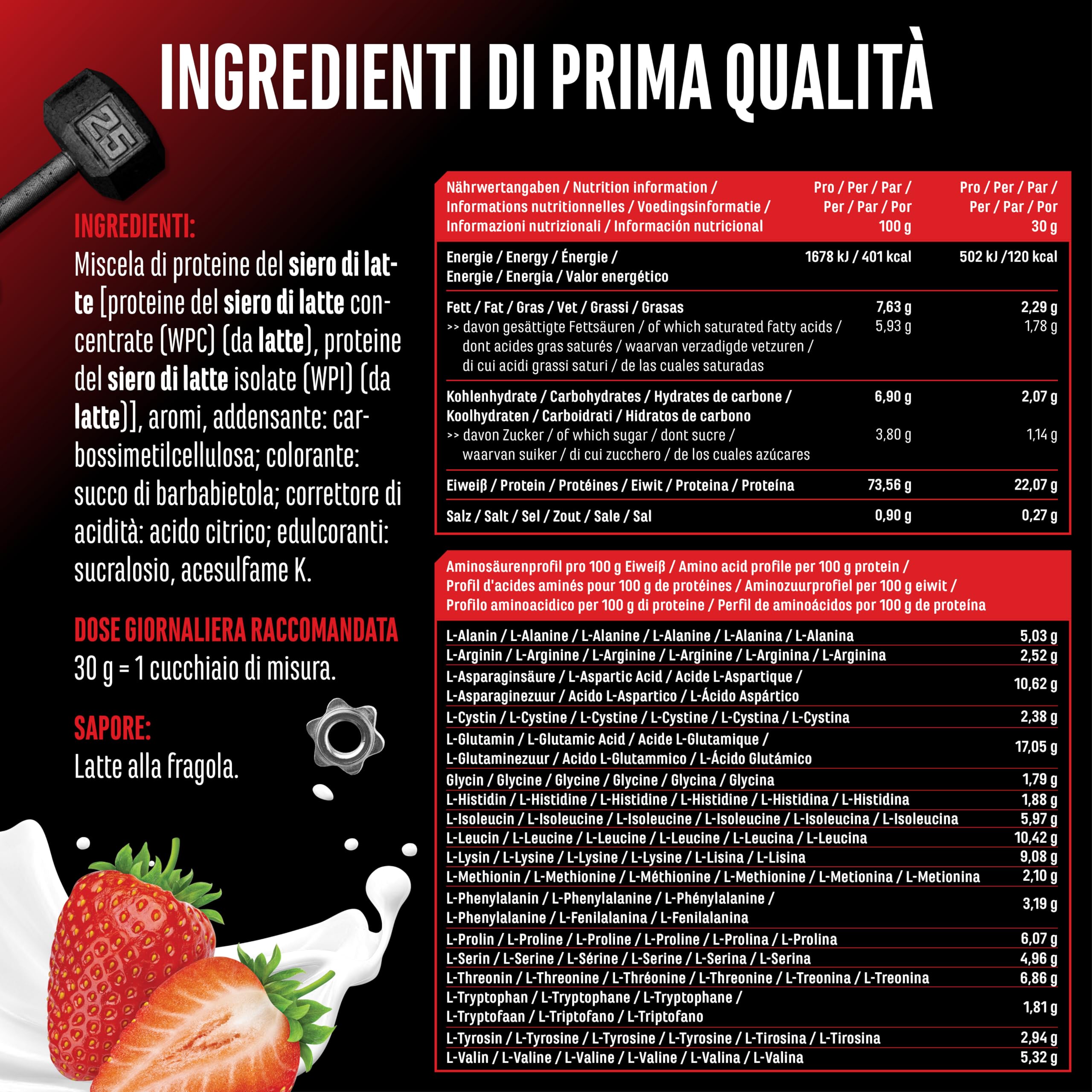 Elite Whey Protein Whey Proteine Complesso 1000 g Latte alla Fragola BCAA