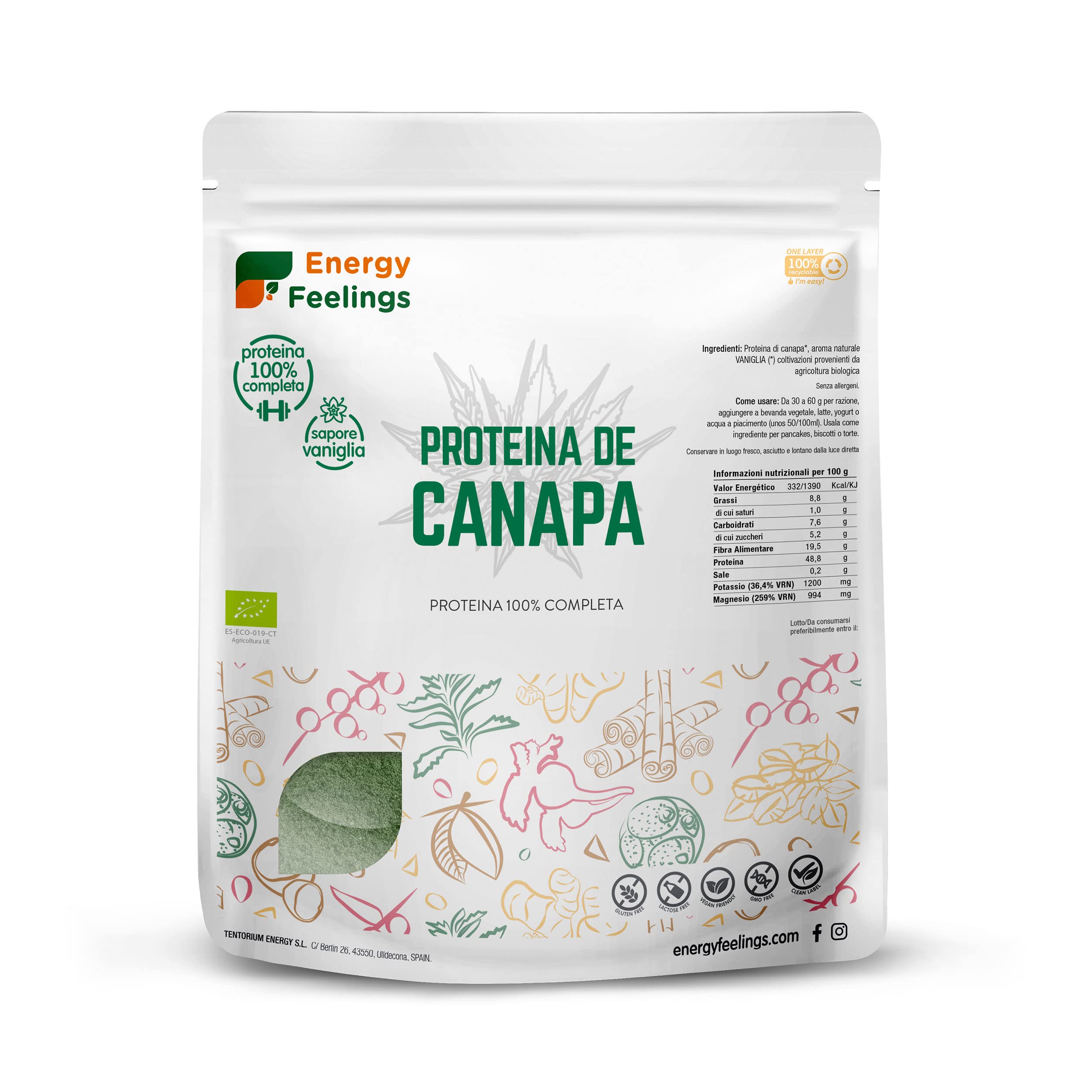 Energy Feelings Proteine vegane e nutrizione sportiva Proteine di Canapa in Polvere BIO 500 g 48% proteine