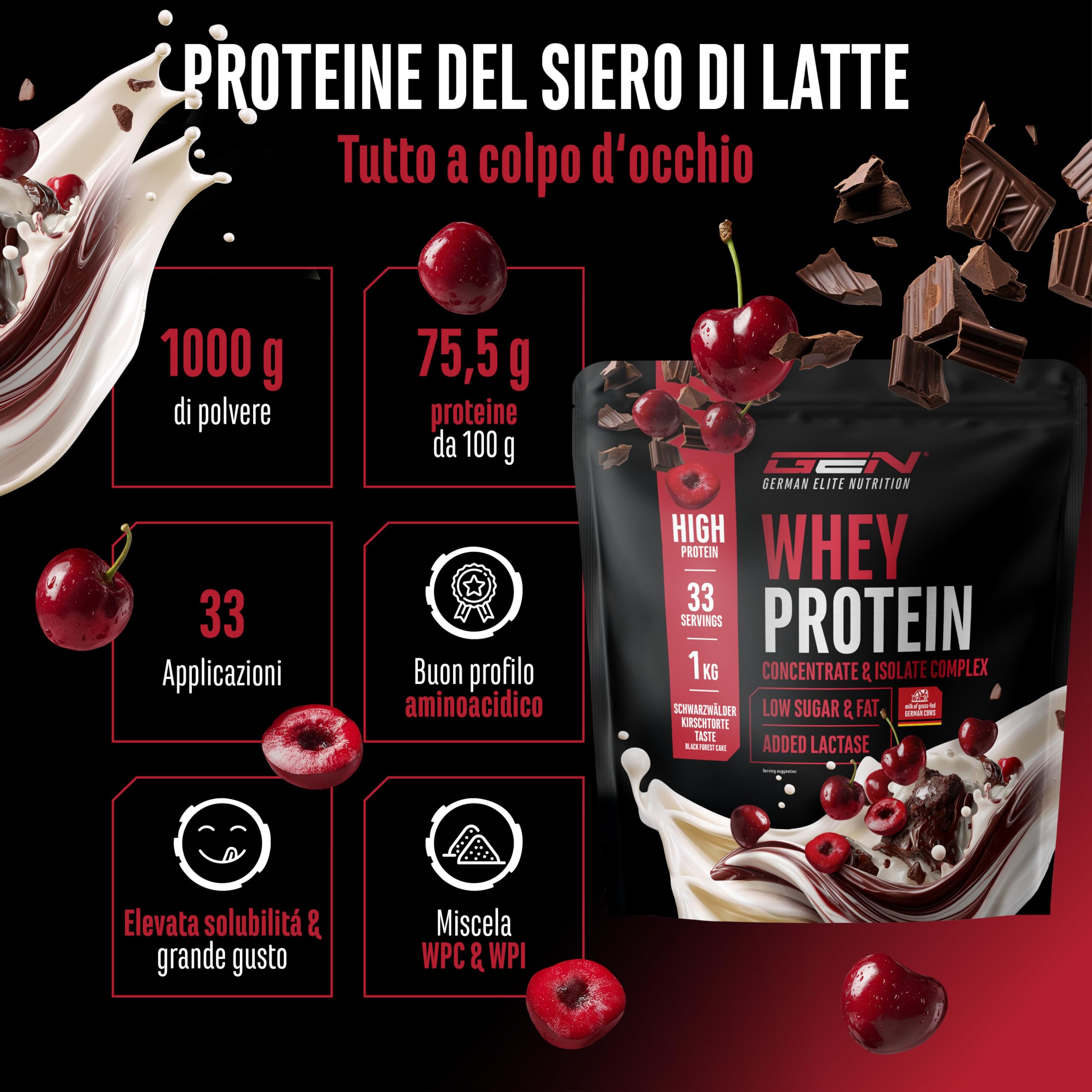 Elite Whey Protein in polvere 1000 g Ciliegia della Foresta Nera con lattasi
