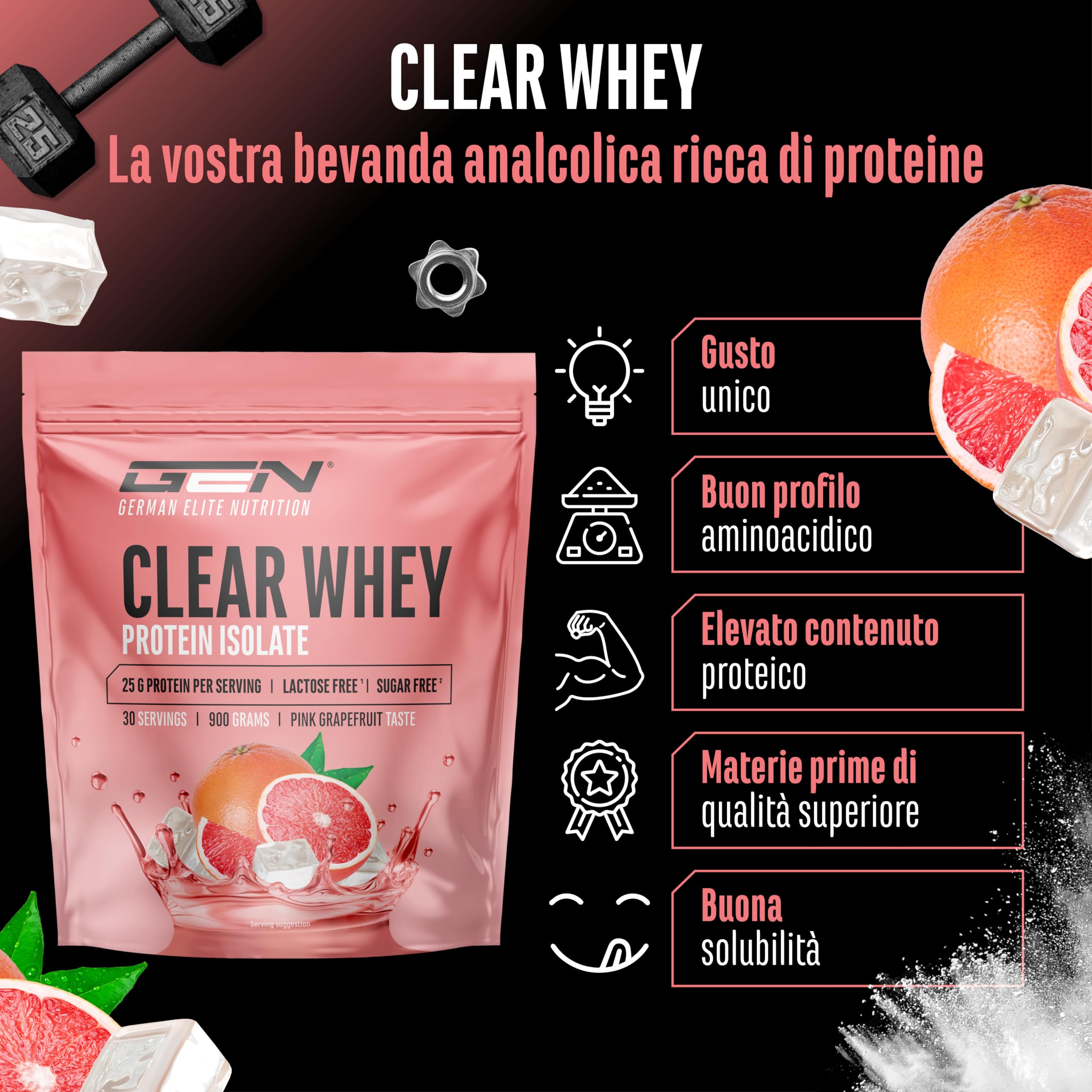 Elite Clear Whey Isolate Protein Shake 900 g pompelmo rosa