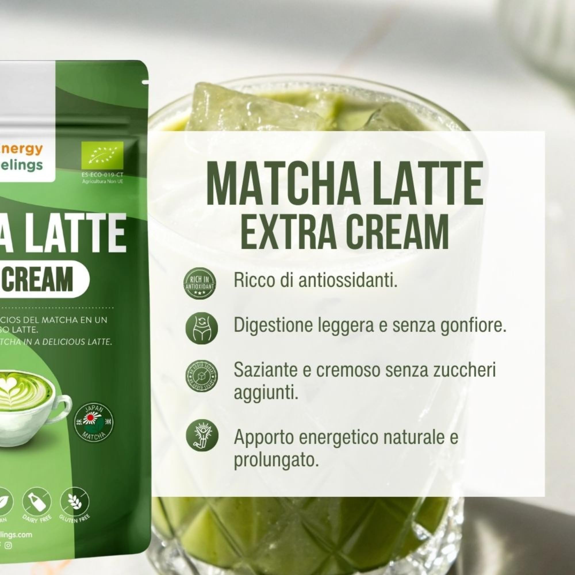 Energy Feelings Batidos Saludables Matcha Latte in Polvere Bio Extra Cream 500 g tè matcha giapponese