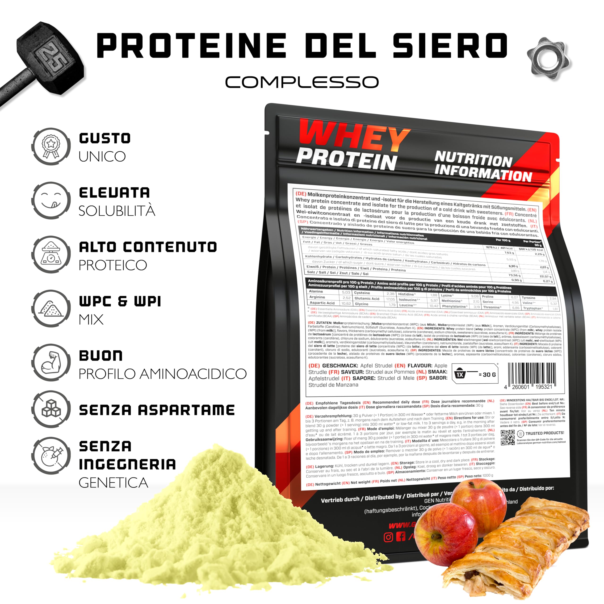 Elite Whey Protein Whey Proteine Complesso proteine in polvere 1 kg strudel di mele