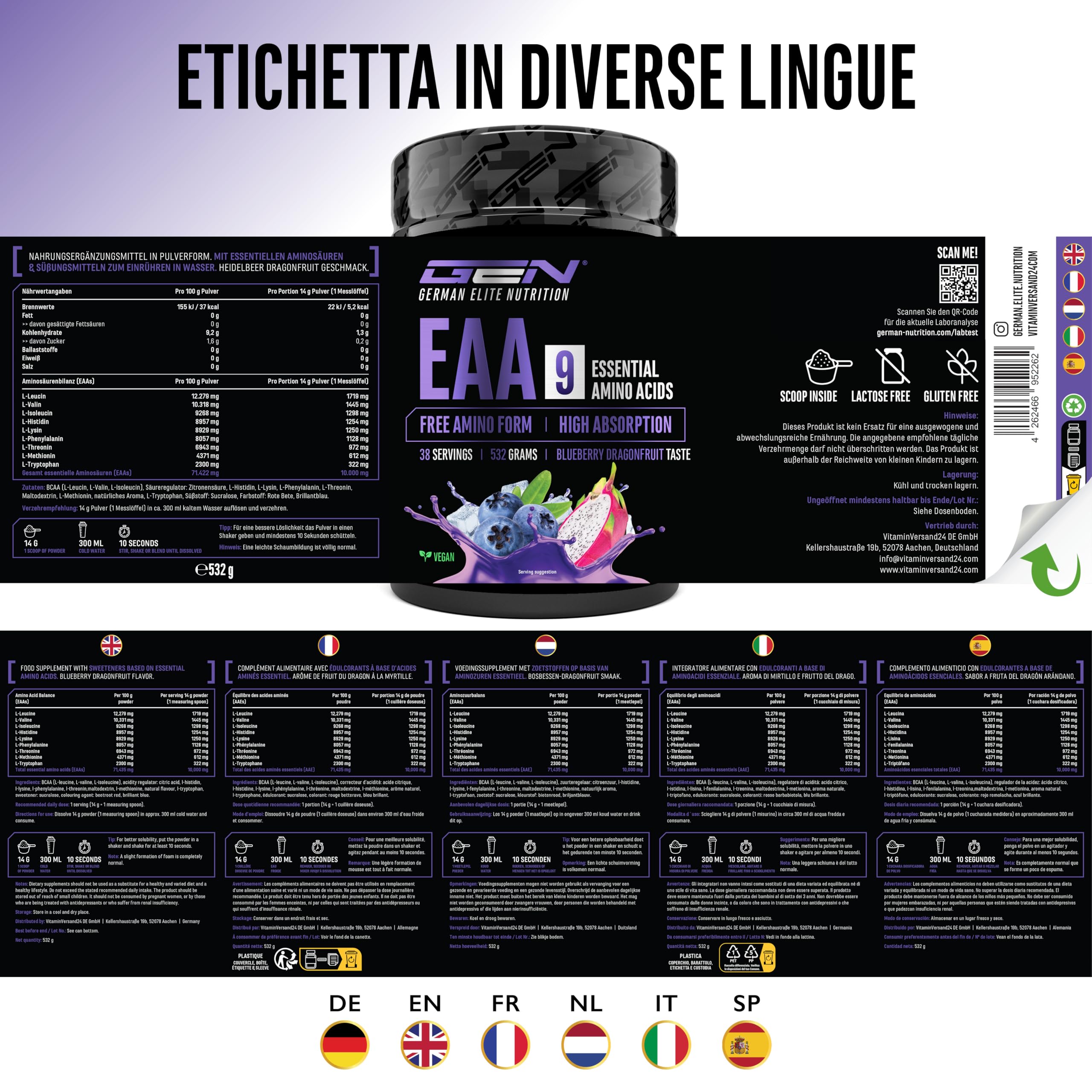 Elite EAA & BCAA EAA in Polvere aminoacidi essenziali vegani 532 g Blueberry Dragonfruit