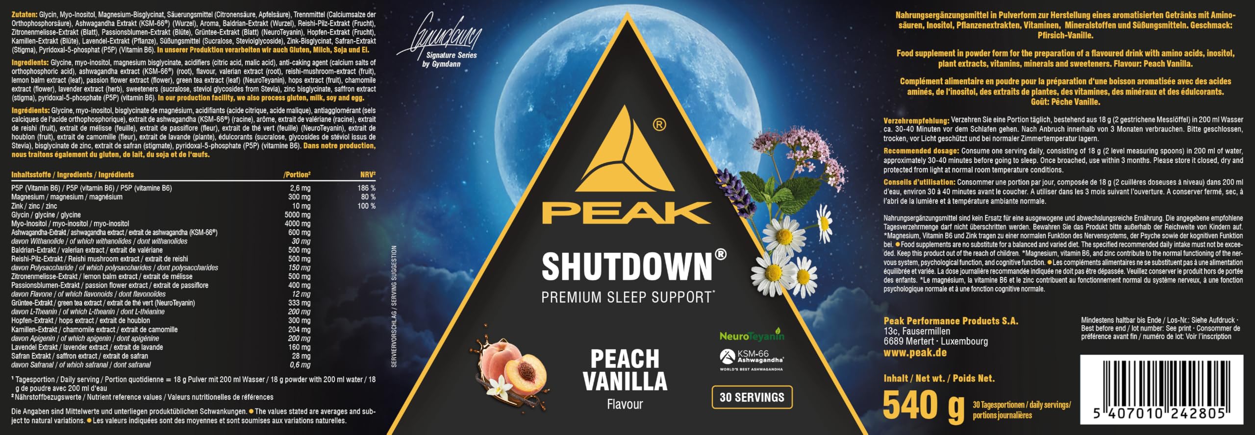 Green Peak Health PEAK Shutdown bevanda in polvere 540 g pesca vaniglia senza melatonina