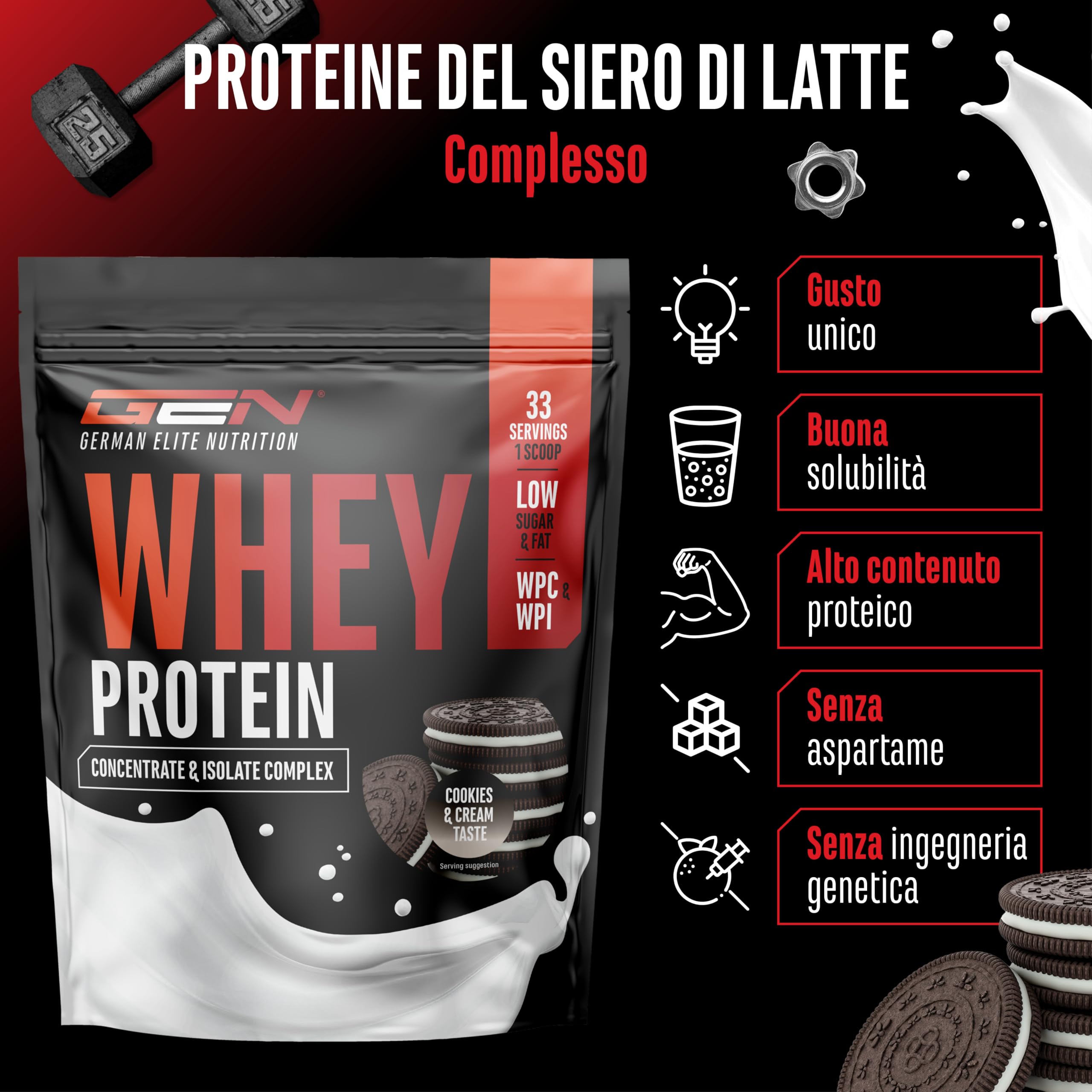 Elite Whey Protein Whey Proteine Complesso proteine in polvere Biscotti e Crema 1000 g con isolato