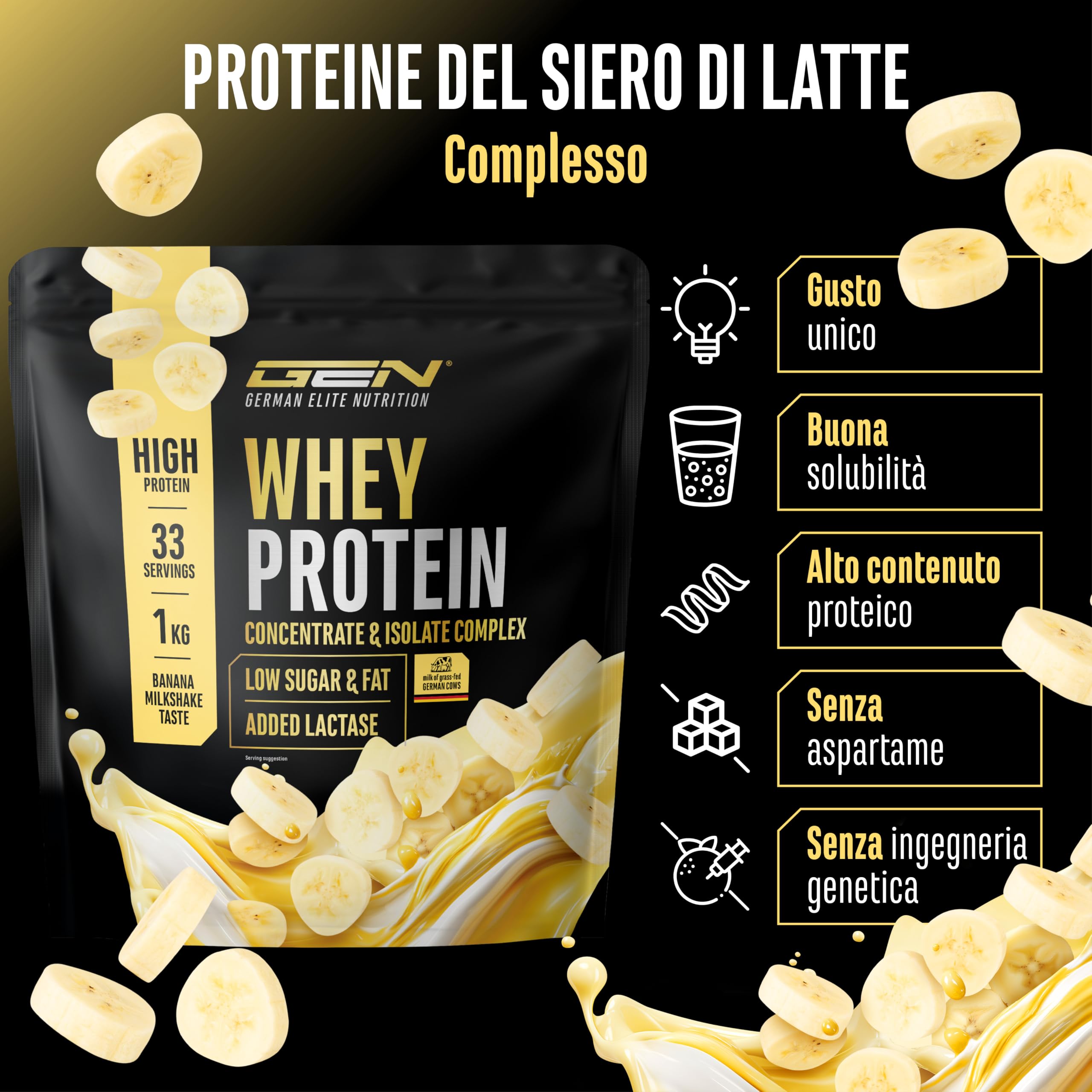 Elite Whey Protein in Polvere proteine gusto Frullato alla Banana 1000 g con lattasi