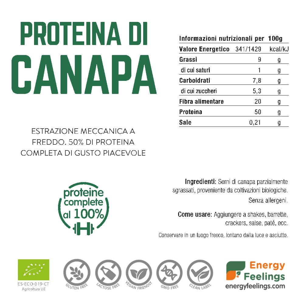 Energy Feelings Proteína Vegana & Nutrición Deportiva Proteine di Canapa in Polvere BIO 1 kg 50% vegetali