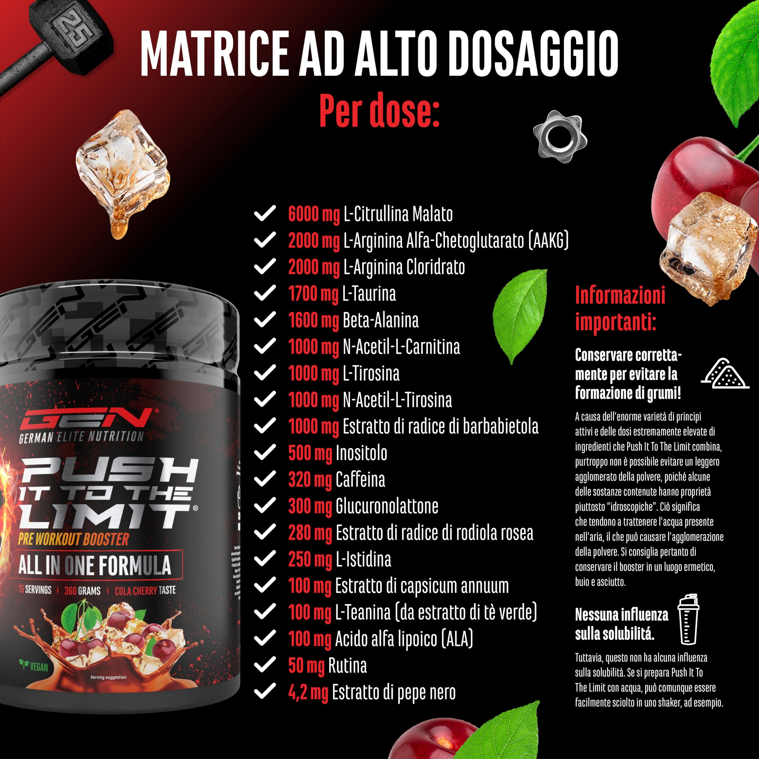 Elite Pre-Workout & Pump Push it to the Limit® pre-workout Cola-Ciliegia 360 g alto dosaggio