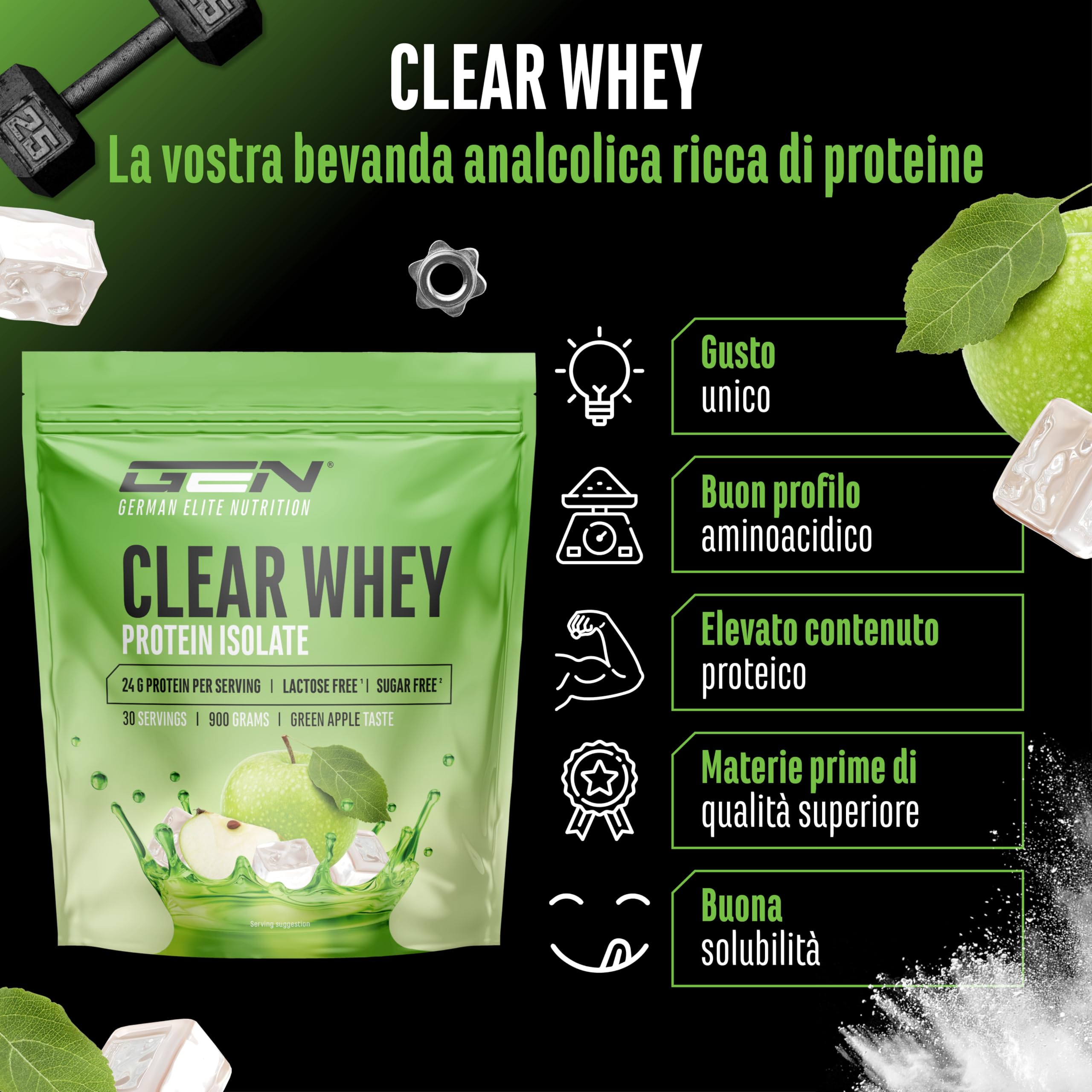 Elite Clear Whey Isolate Protein Shake proteine 900 g mela verde isolate