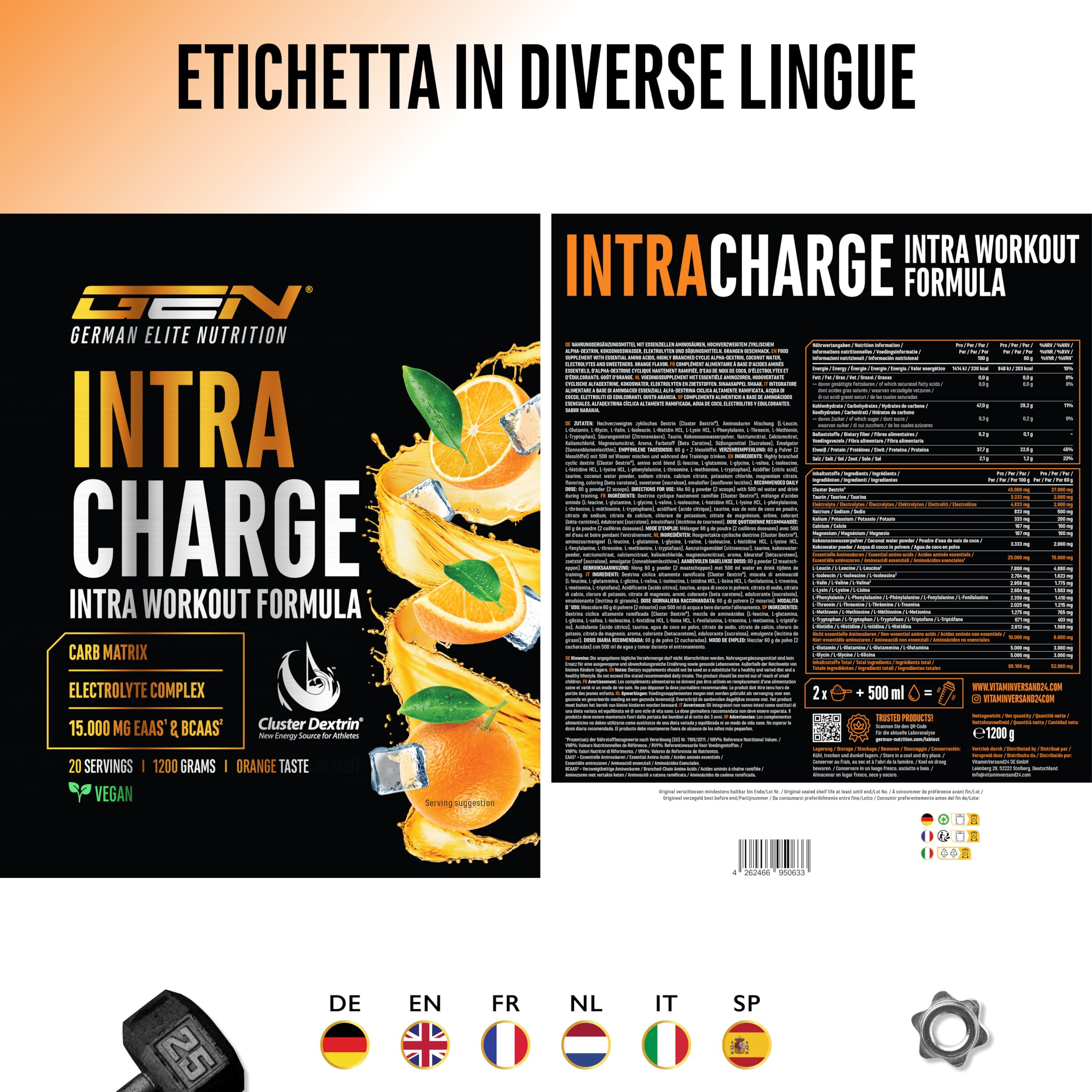 Elite Pre-Workout & Pump Intra Charge Workout Drink bevanda 1,2 kg arancia vegana