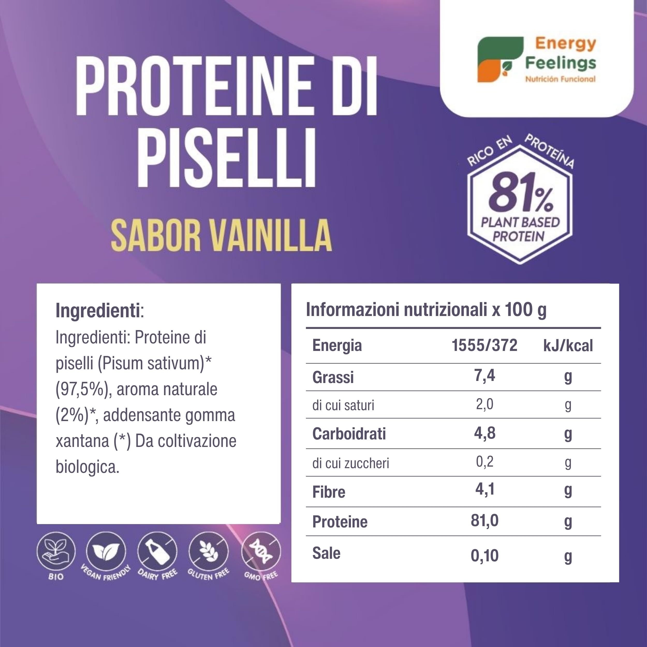 Energy Feelings Proteine di Piselli proteine in polvere vaniglia 1 kg bio
