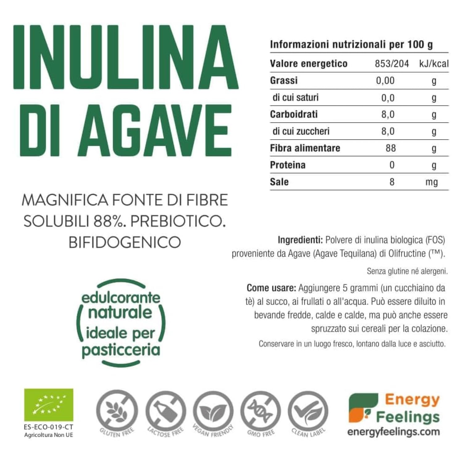 Energy Feelings Endulzantes naturales Inulina da Agave inulina 1 kg biologica