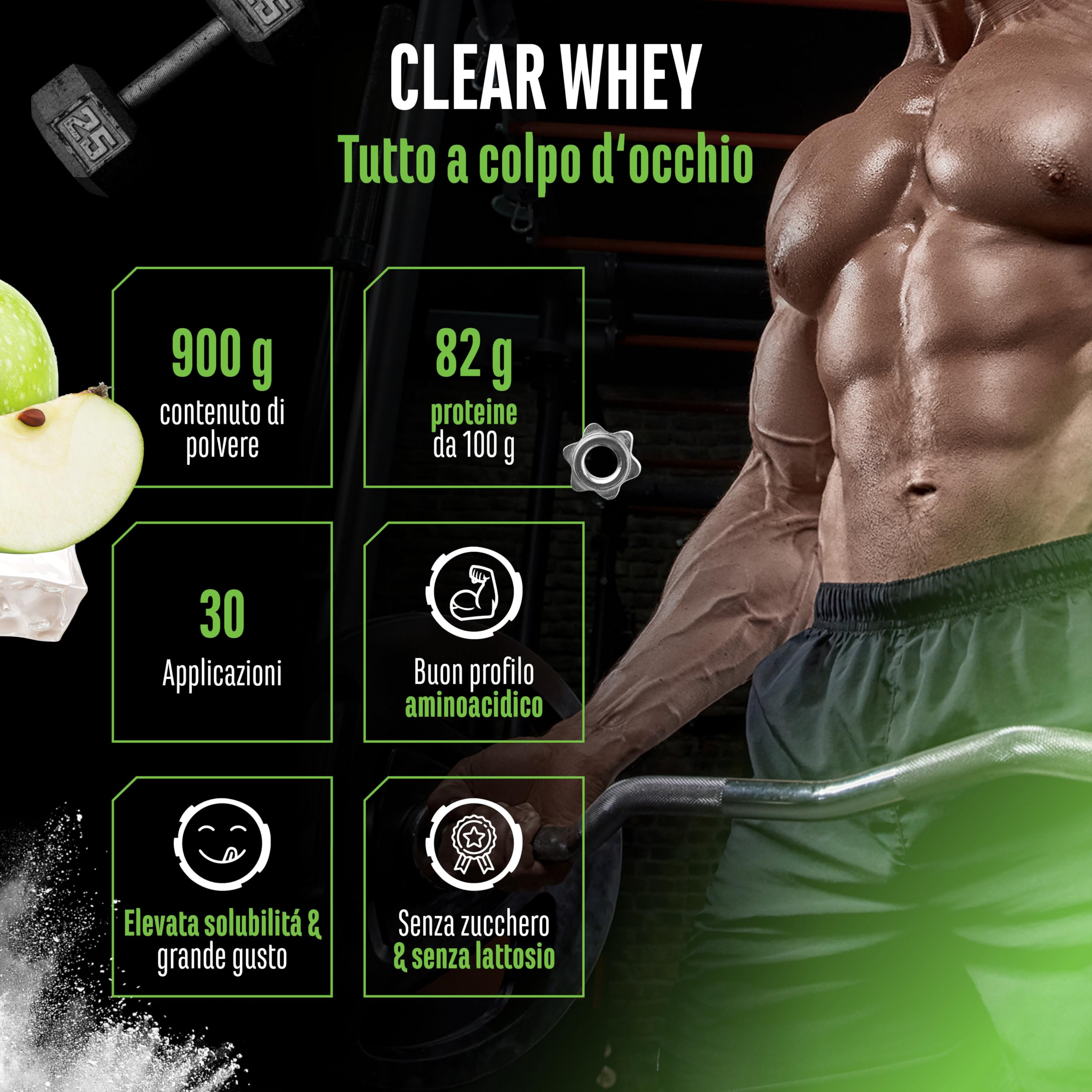 Elite Clear Whey Isolate Protein Shake proteine 900 g mela verde isolate