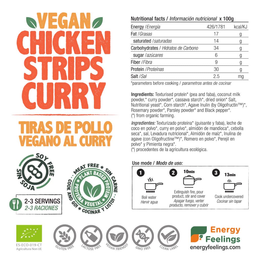 Energy Feelings Menú Veggie & Proteína Texturizada Strisce di pollo al curry vegane biologiche preparato 165 g senza glutine