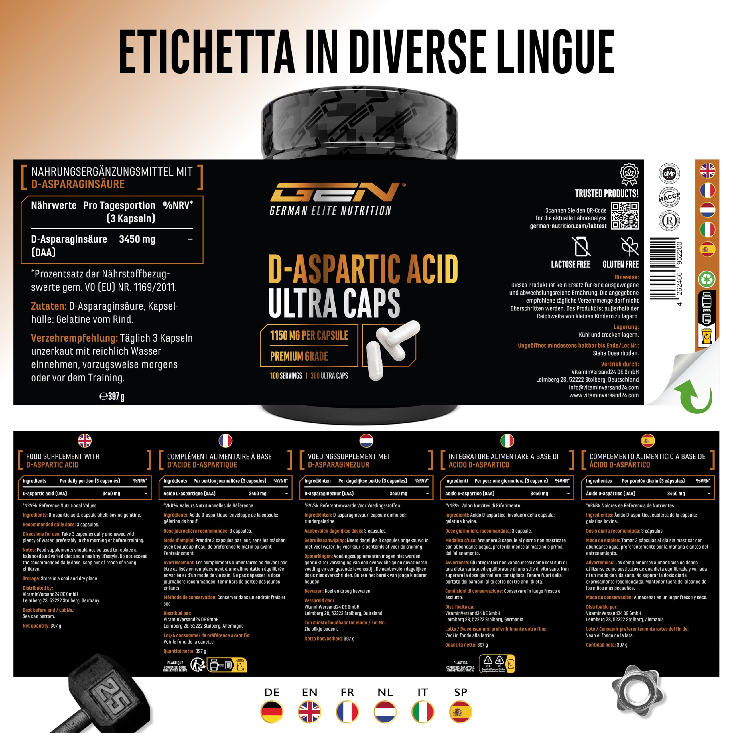 Elite Testo & Vitality Botanicals D-Aspartico DAA Ultra Caps capsule 300 da 1150 mg
