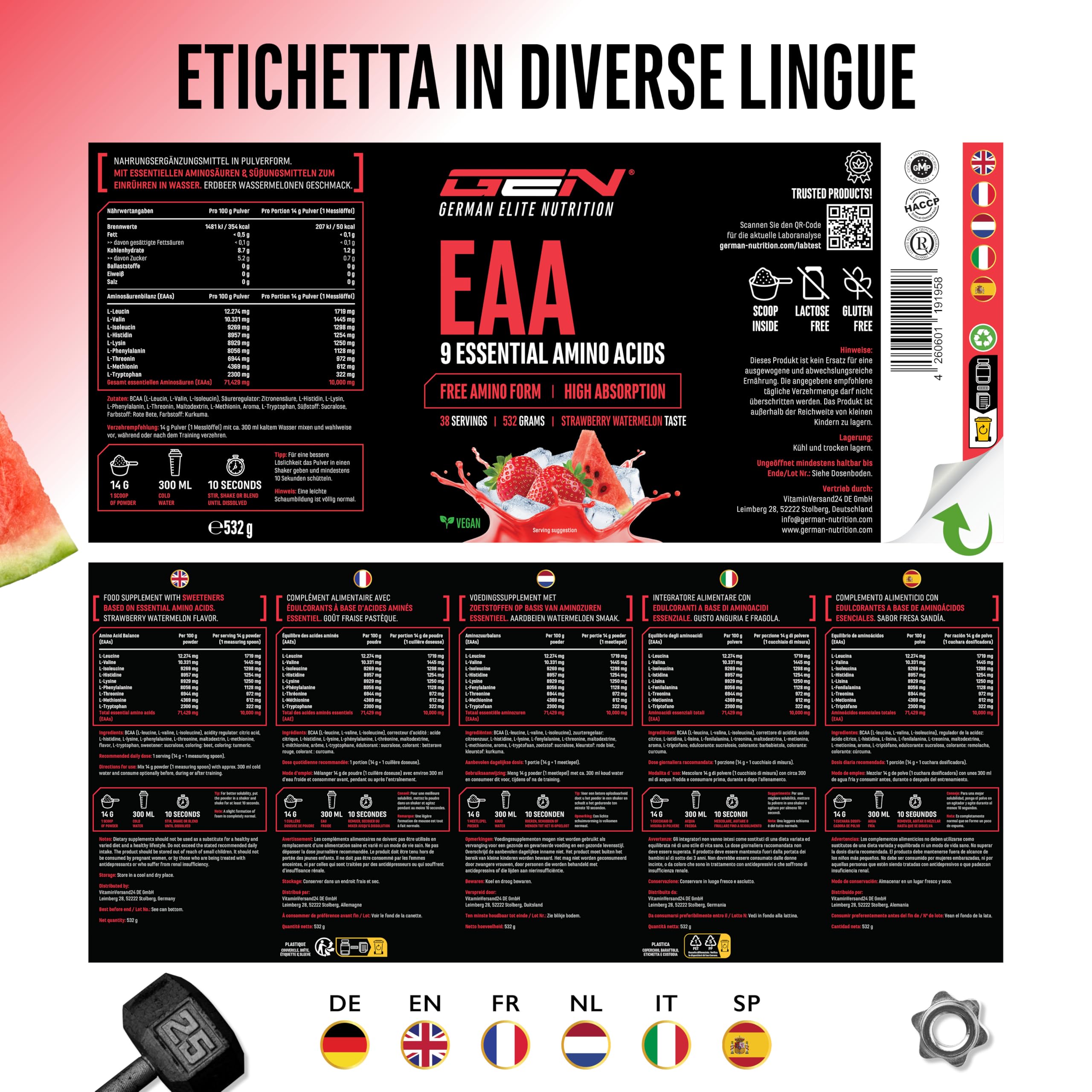 Elite EAA & BCAA EAA in polvere 532 g Fragola e Anguria Vegano