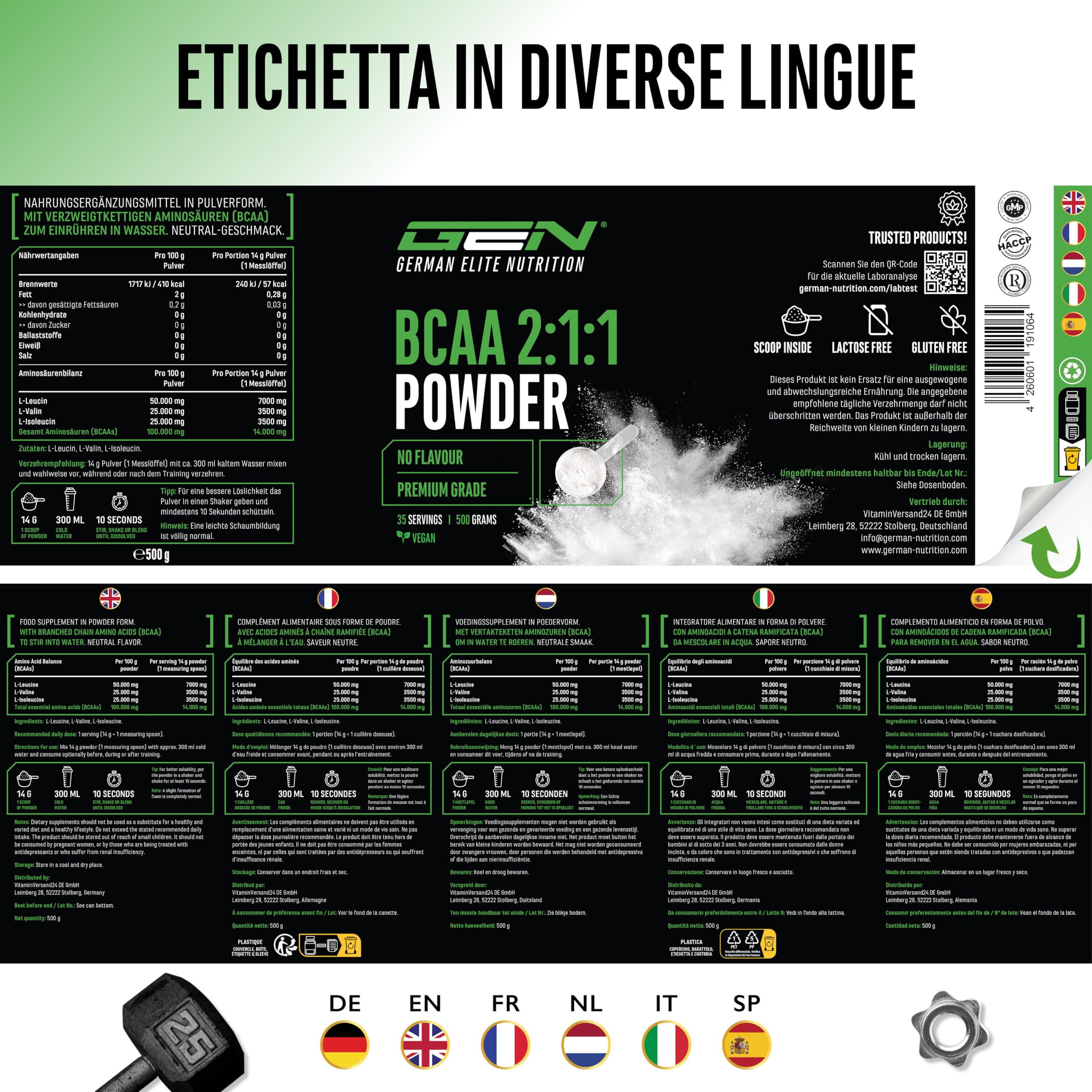 Elite EAA & BCAA BCAA 2:1:1 polvere 500 g pura senza additivi