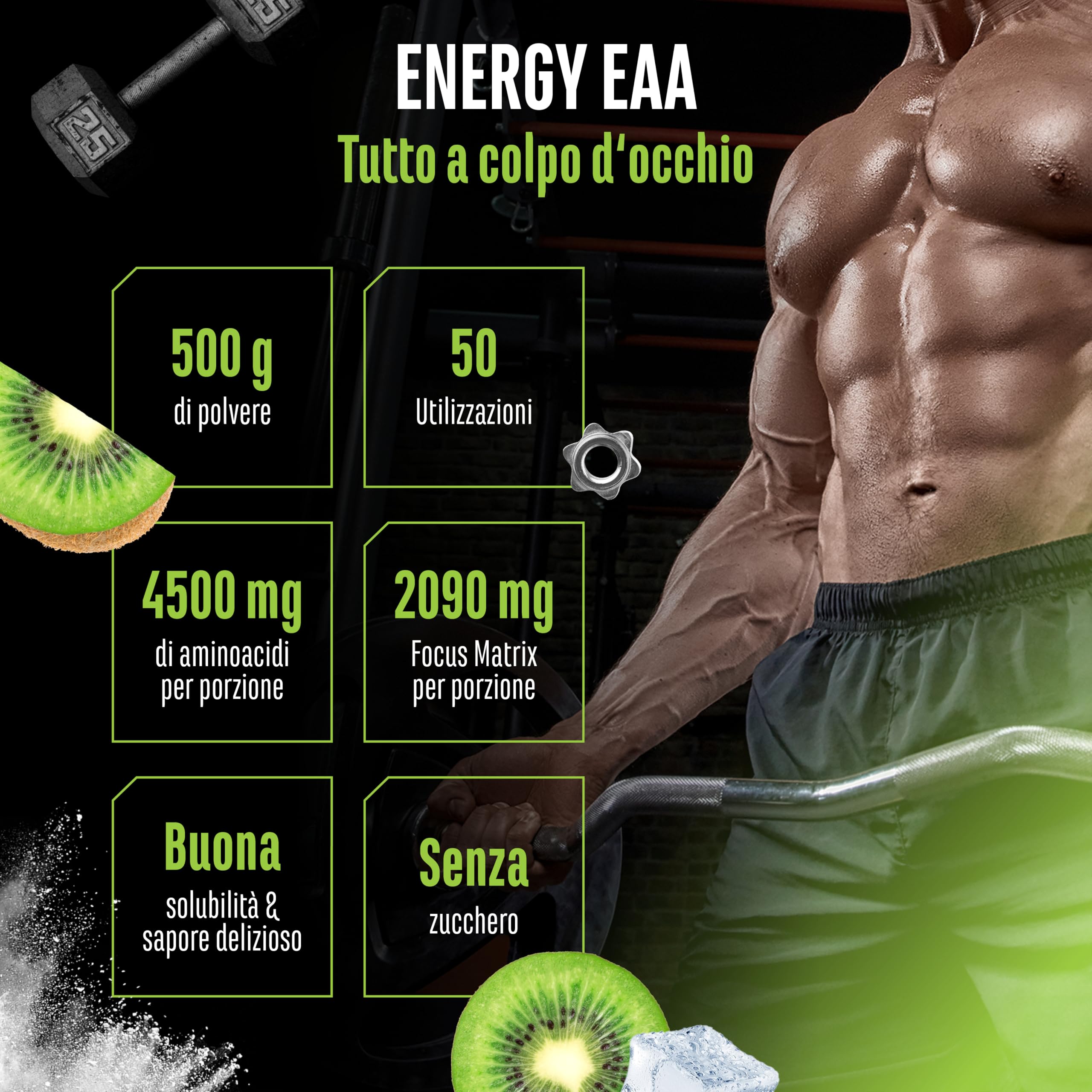 Elite Pre-Workout & Pump EAA Energy Mix pre-workout Kiwi 500 g senza zucchero