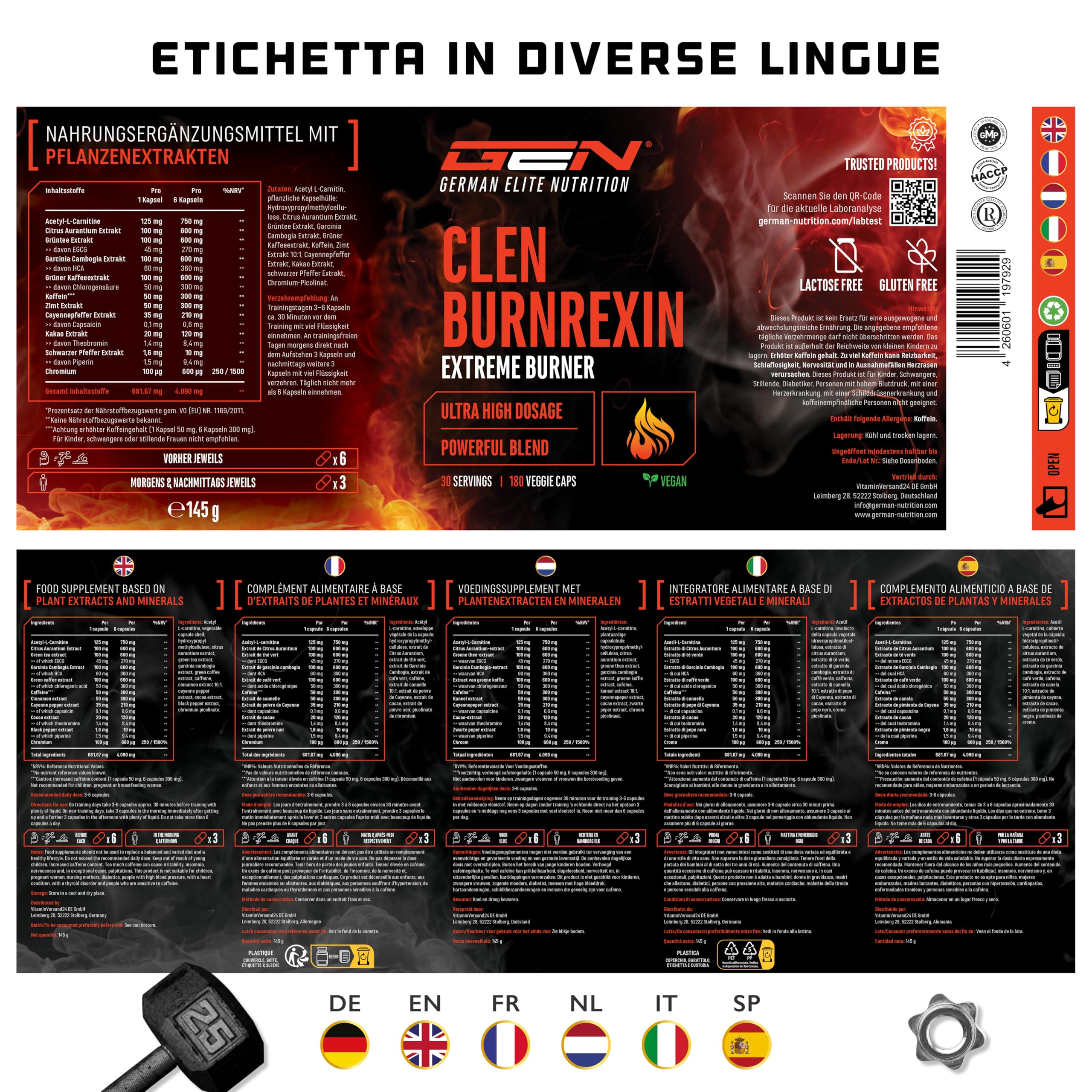 Elite Fat Burners & Cutting Clenburnrexin 180 capsule vegane con caffeina