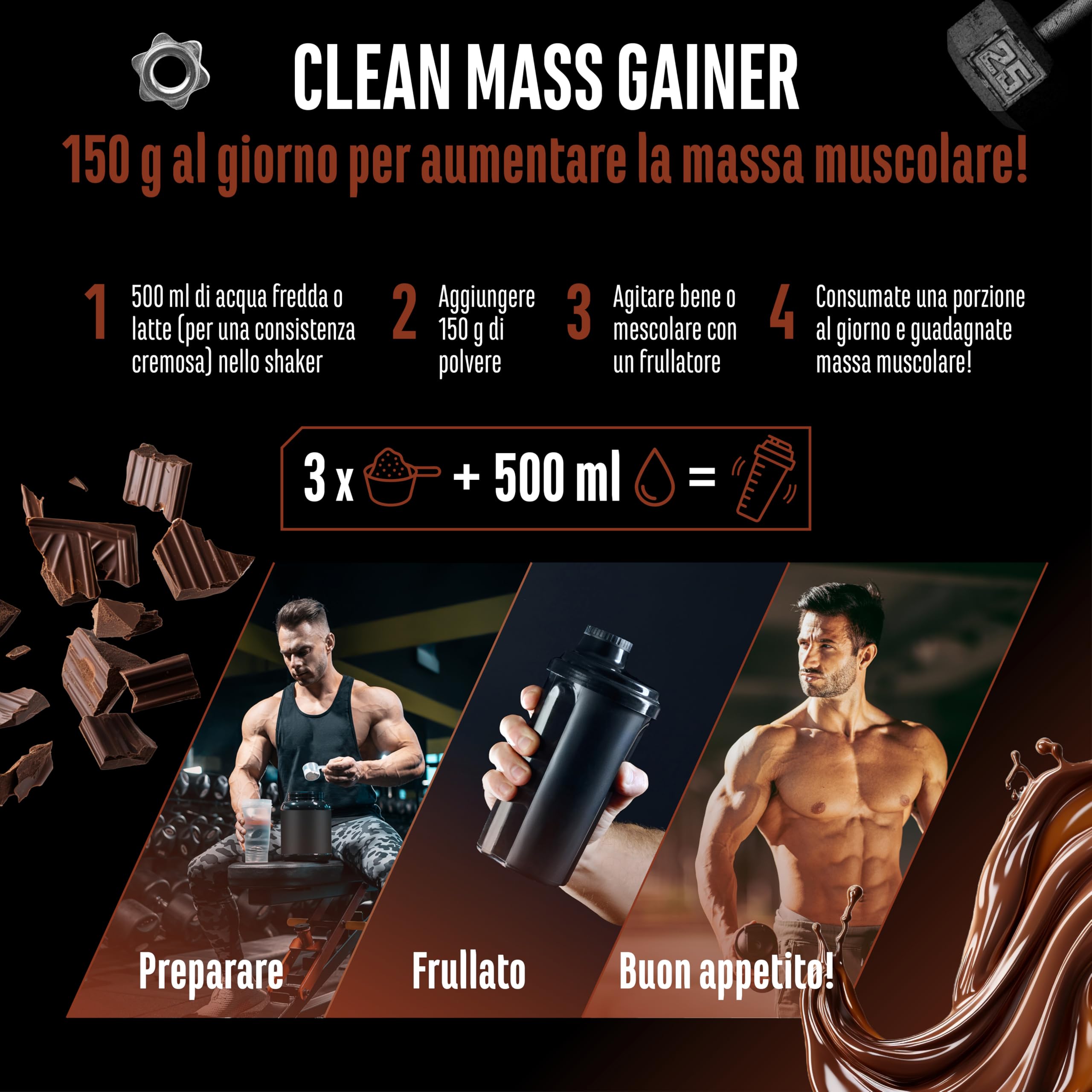 Elite Carbs & Mass Gainers Clean Weight Gainer polvere 3 kg cioccolato con carboidrati complessi