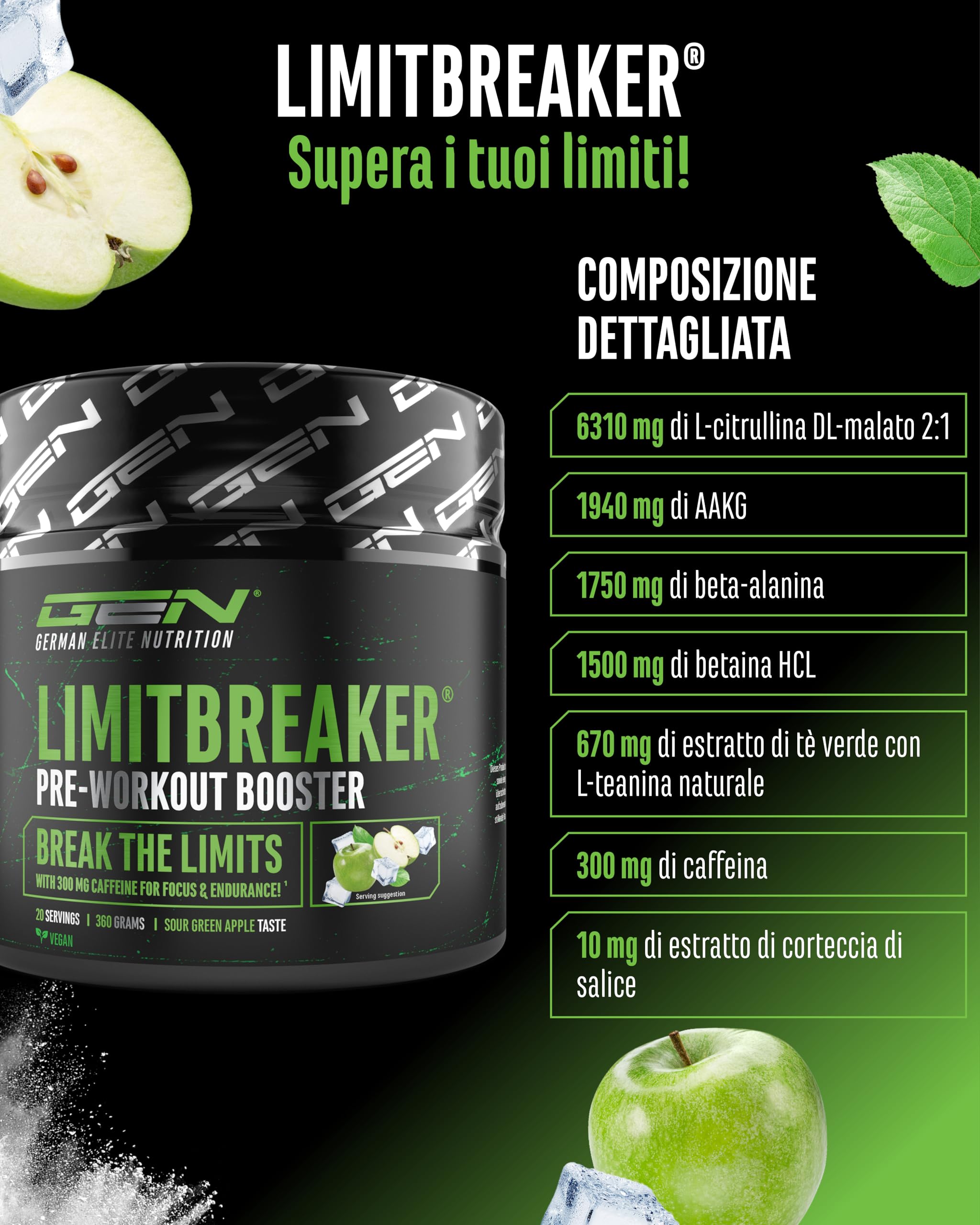 Elite Pre-Workout & Pump LIMITBREAKER® pre-workout mela verde acida 360 g caffeina