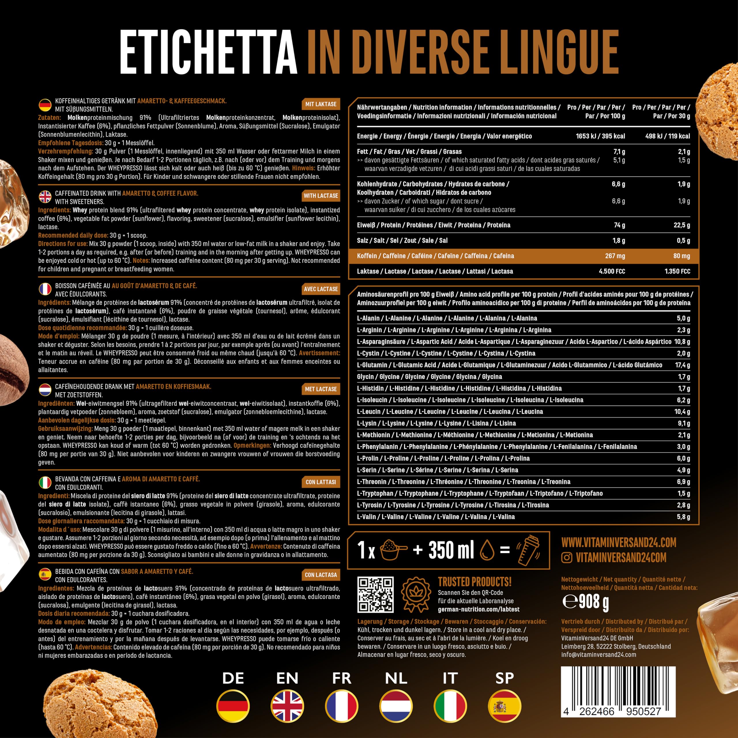 Elite Whey Protein Wheypresso Protein Coffee proteine Amaretto Americano 908 g con caffeina