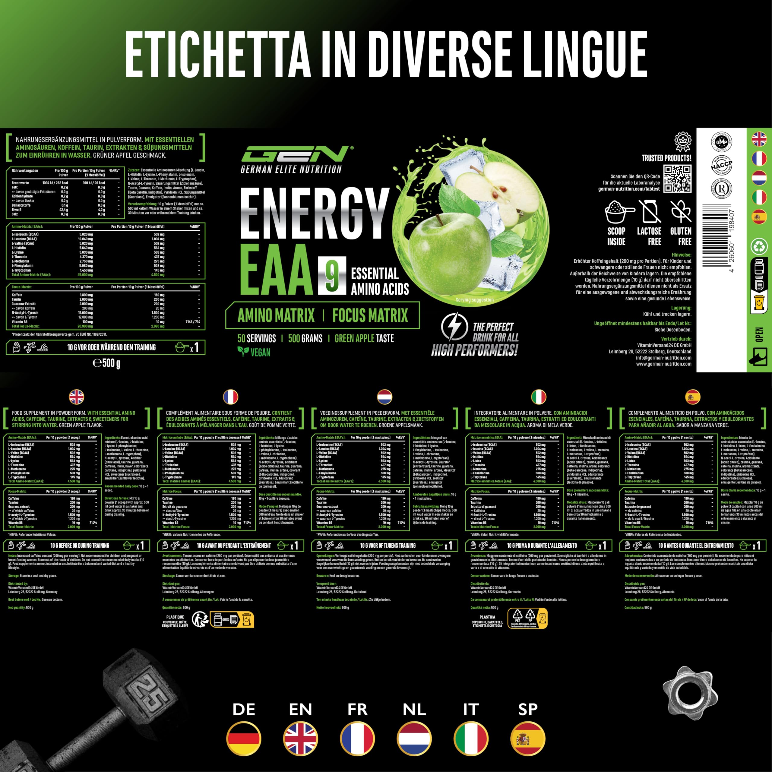 Elite Pre-Workout & Pump EAA Energy Mix pre-workout 500 g Mela Verde senza zucchero