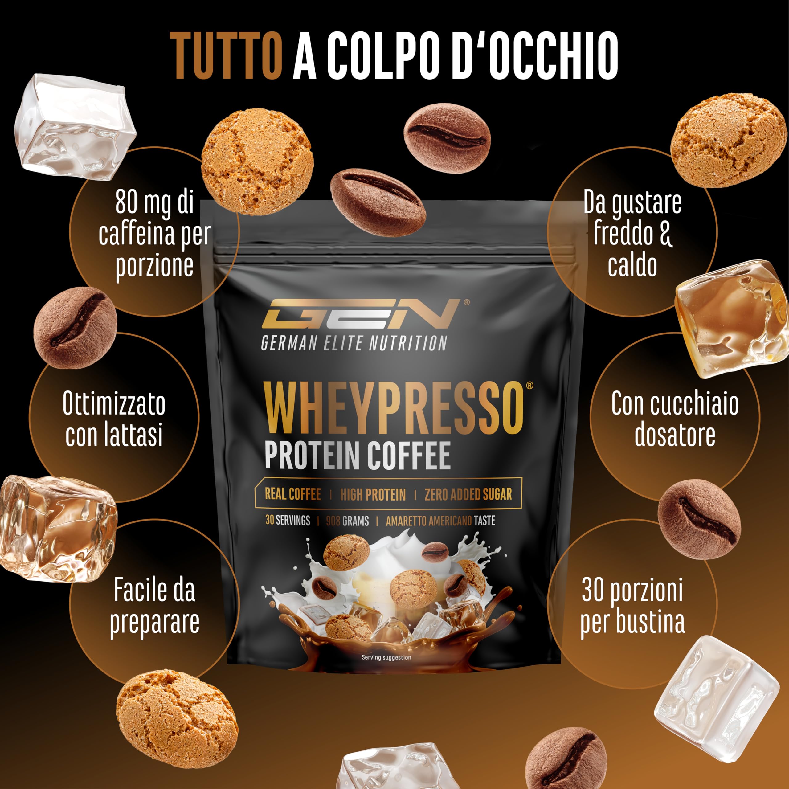 Elite Whey Protein Wheypresso Protein Coffee proteine Amaretto Americano 908 g con caffeina