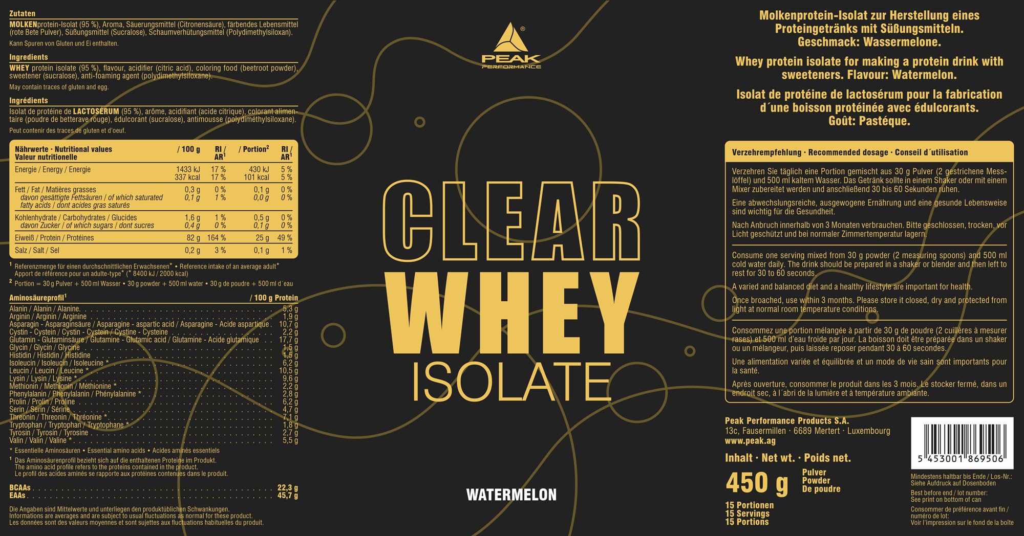 Green Peak Proteins PEAK Clear Whey Isolate proteine 450 g anguria