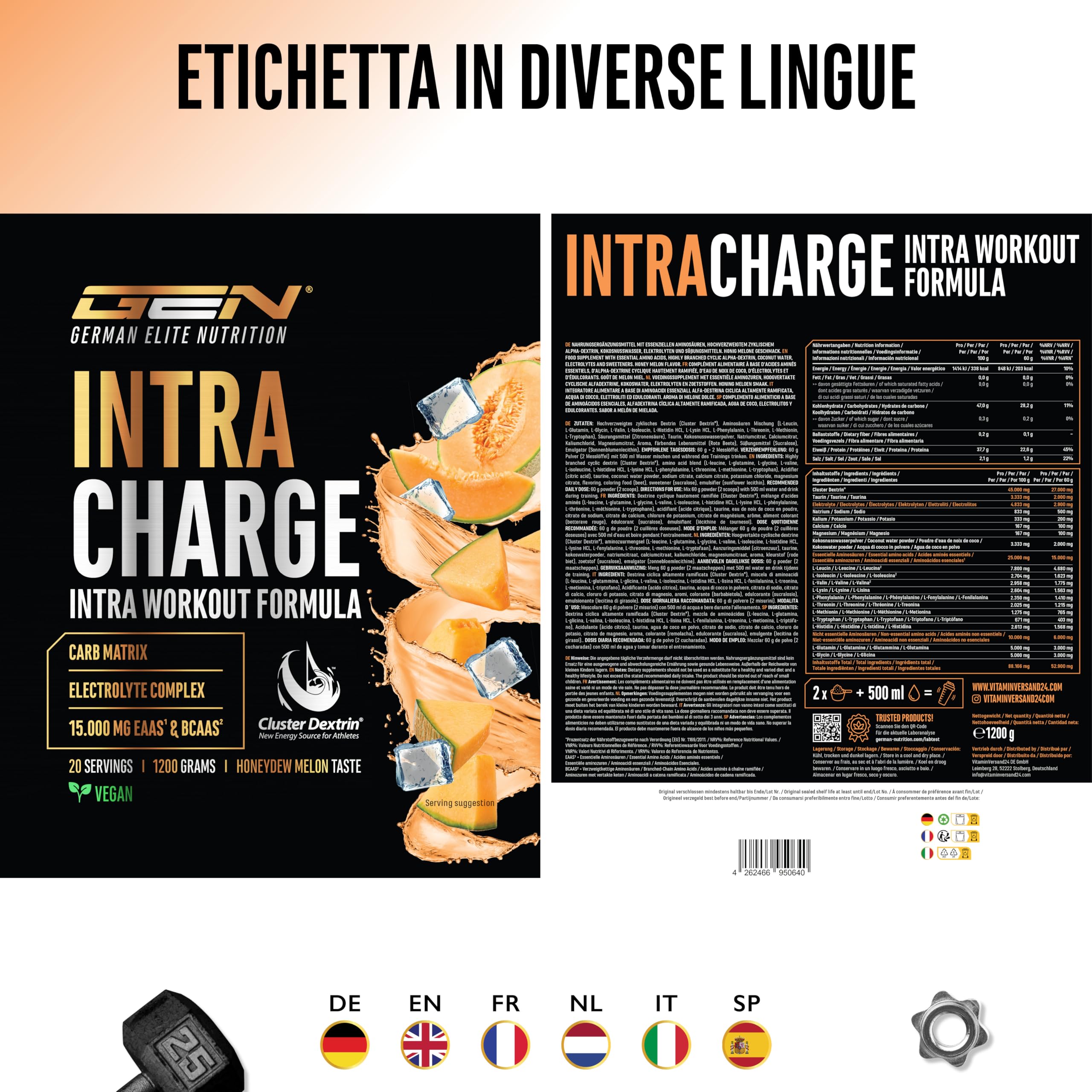Elite Pre-Workout & Pump Intra Charge Workout Drink bevanda in polvere 1,2 kg Honeydew Melon