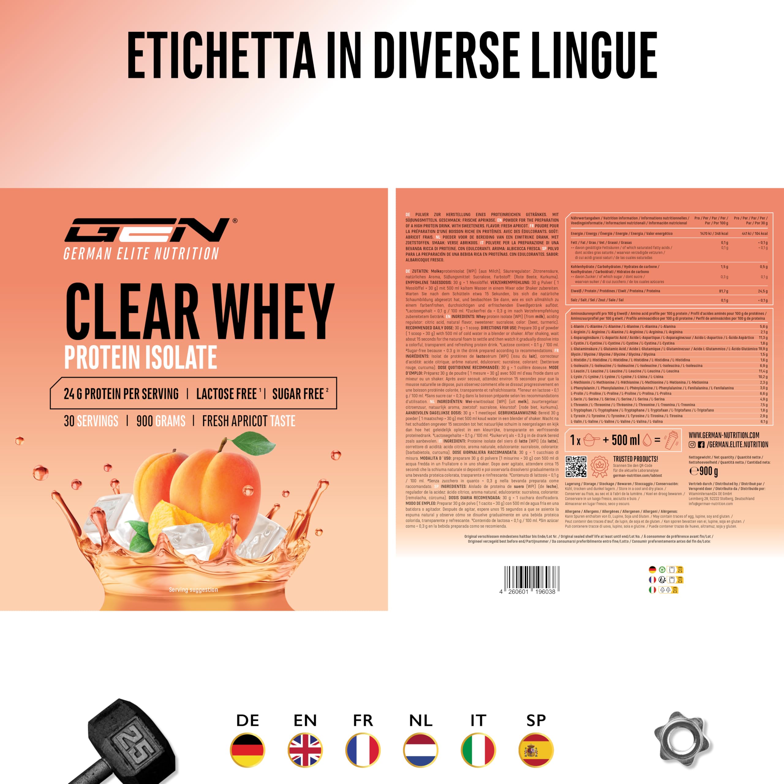 Elite Clear Whey Isolate Protein Shake proteine albicocca 900 g, 24 g per porzione