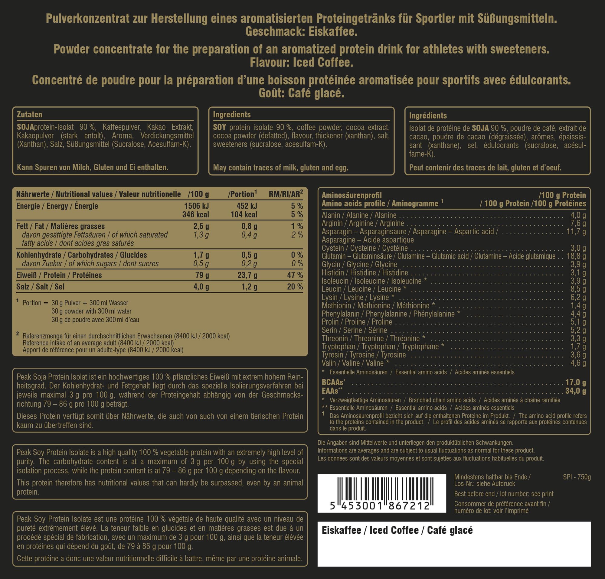 Green Peak Proteins PEAK Soy Protein Isolate proteine 750 g Caffè vegane