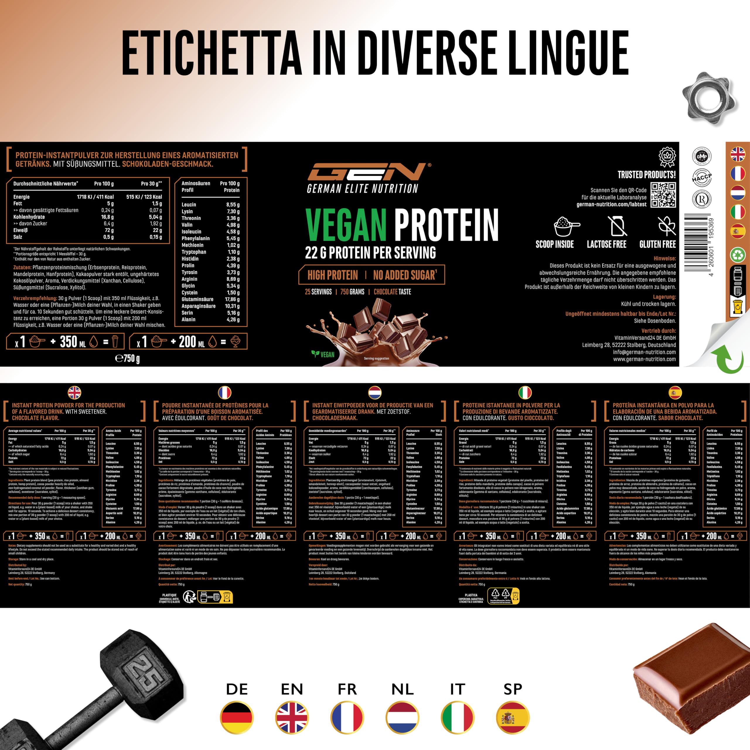 Elite Plant Protein Vegan Proteine in Polvere Cioccolato 750 g senza soia