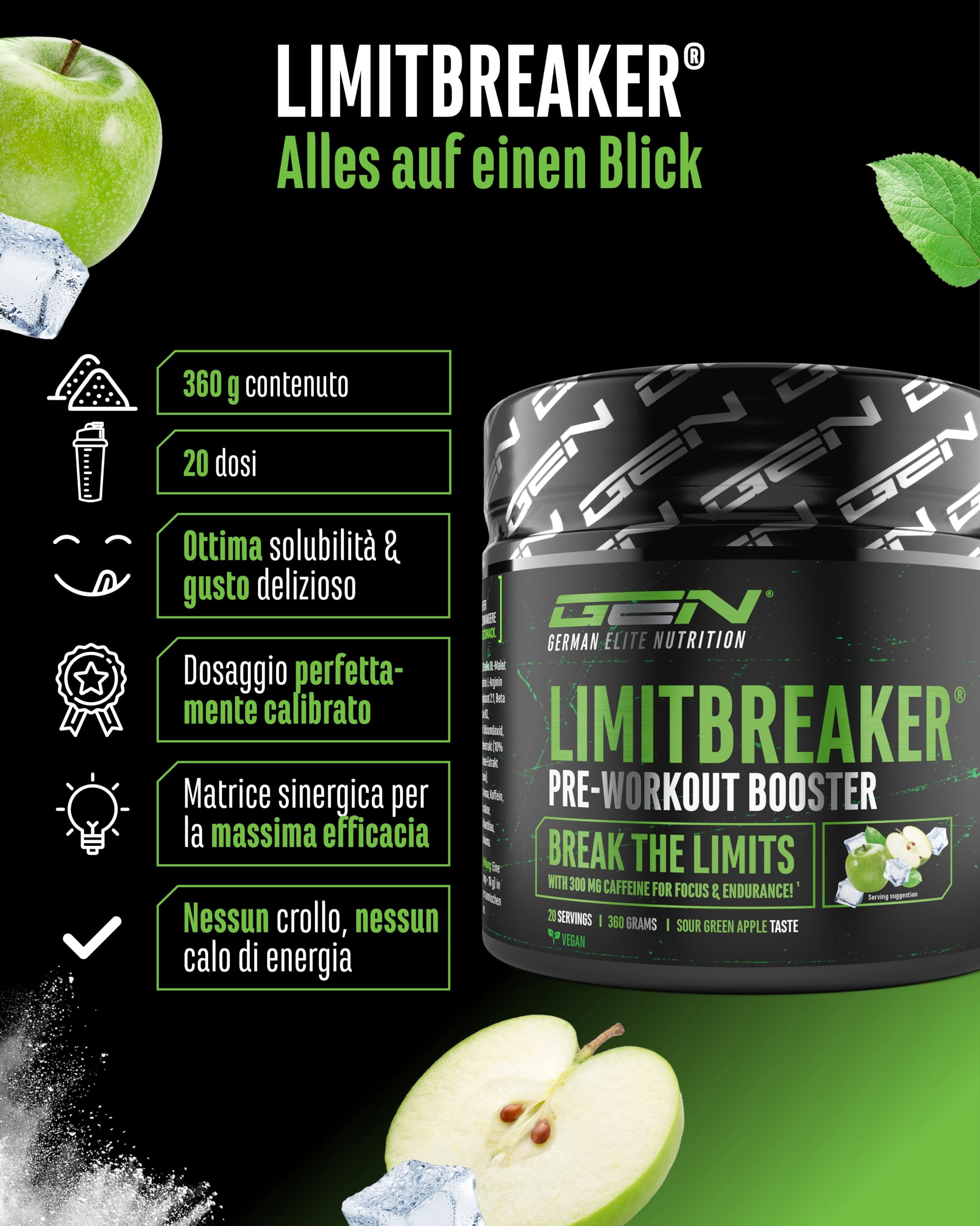 Elite Pre-Workout & Pump LIMITBREAKER® pre-workout mela verde acida 360 g caffeina