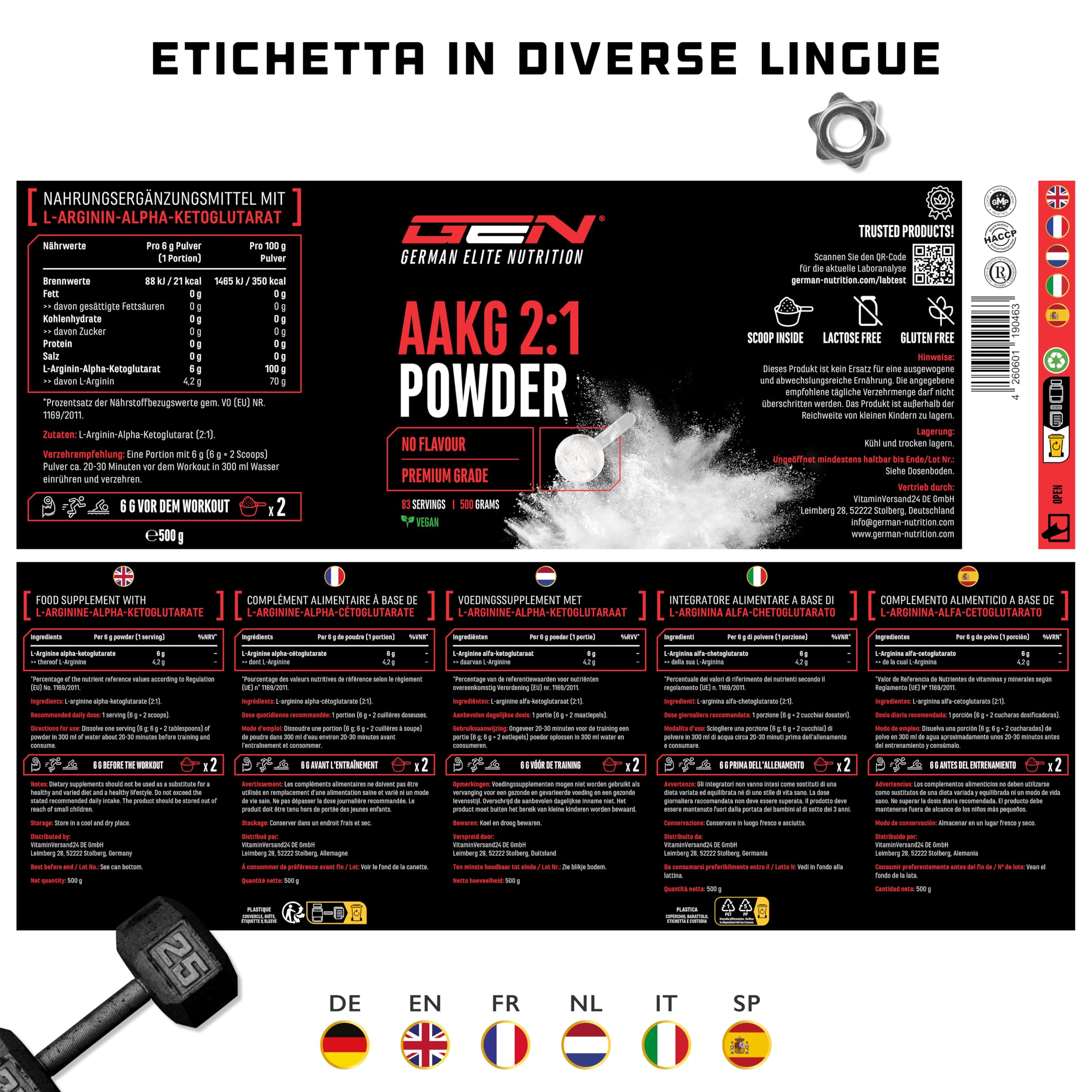 Elite Amino Singles AAKG L-Arginina Alfa-Chetoglutarato polvere 500 g 2:1